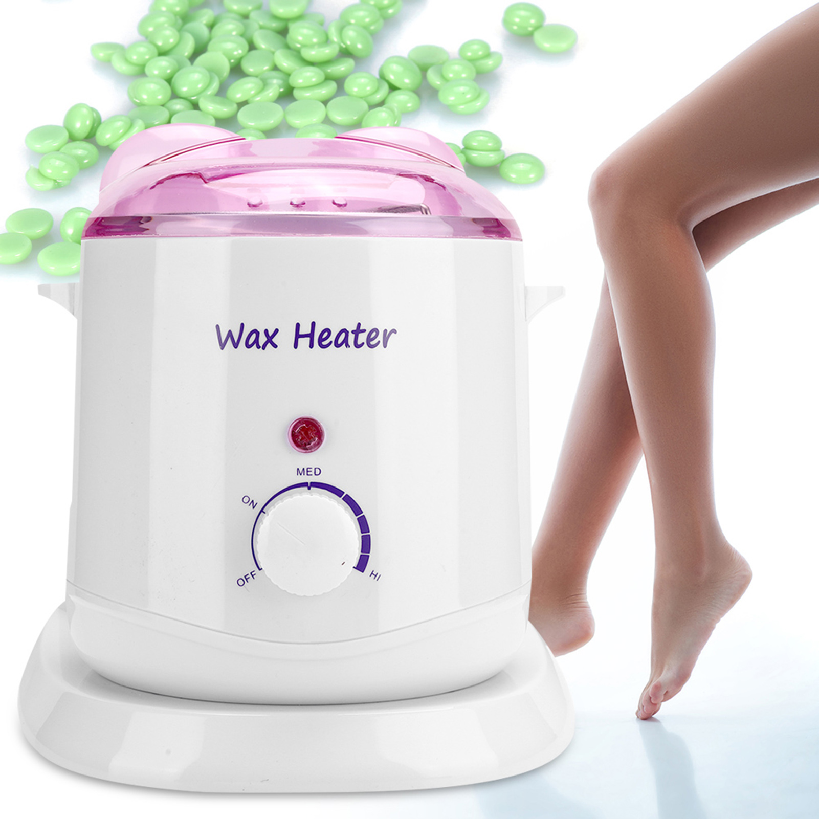 Ein weißer Wachsheizer mit rosa Deckel, grüne Wachsperlen und ein Beinpaar. Der Heizer hat Heizeinstellungen.