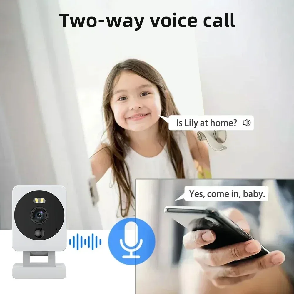 Ein lächelndes Mädchen, eine Kamera und ein Telefon werden gezeigt. Textblasen lesen: 'Ist Lily zu Hause?' und 'Ja, komm rein, Baby.'