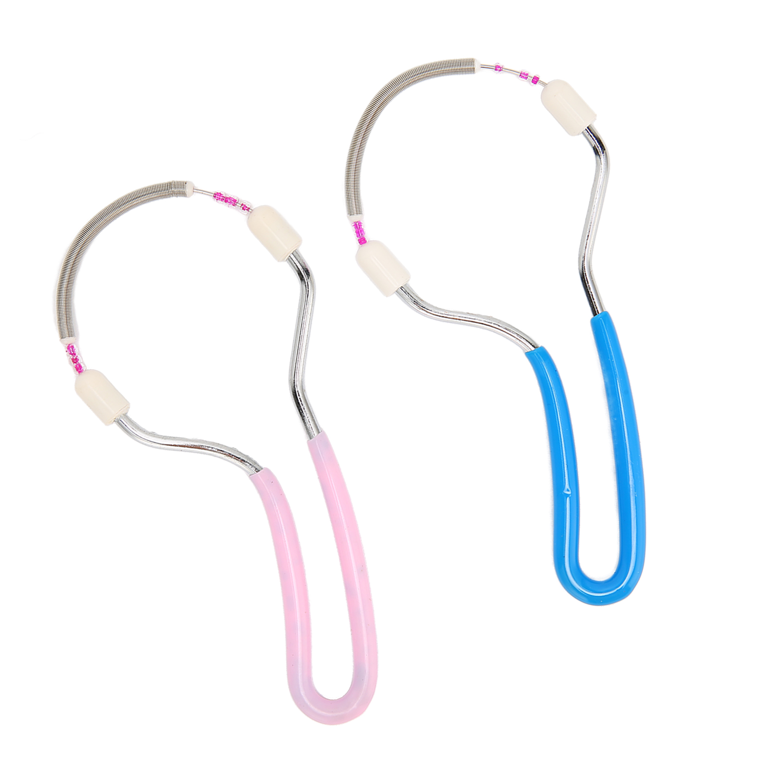 Zwei Enthaarungswerkzeuge für das Gesicht. Eines hat rosa Griffe, das andere blau. Beide haben eine Metallfeder und weiße Spitzen.