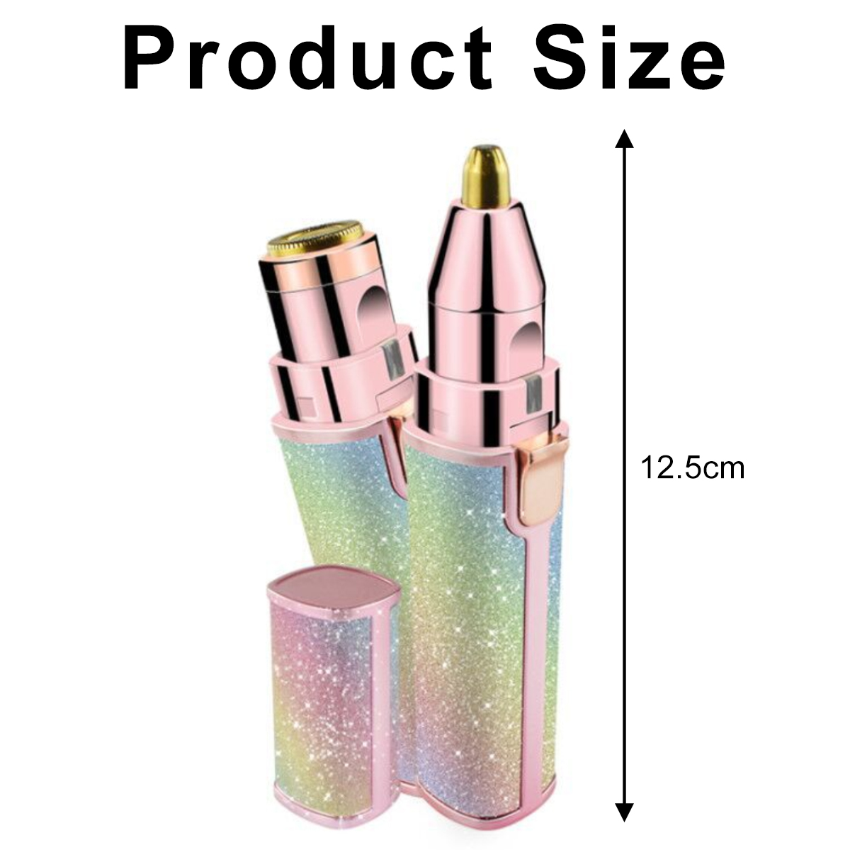 Zwei rosa und glitzernde Haartrimmer mit abgenommenem Deckel. Die Produktgröße wird mit 12,5 cm angegeben.