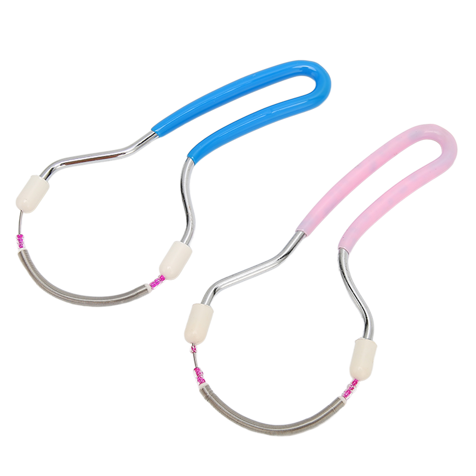 Zwei Enthaarungswerkzeuge. Eines hat einen blauen Griff, das andere rosa. Beide haben eine Metallspirale und weiße Spitzen.