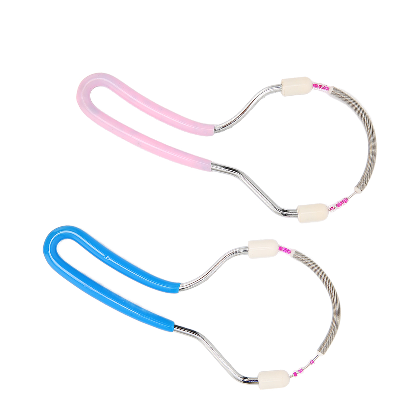 Zwei Enthaarungswerkzeuge. Eines hat rosa Griffe, das andere blaue. Beide haben eine Metallfeder und weiße Enden.