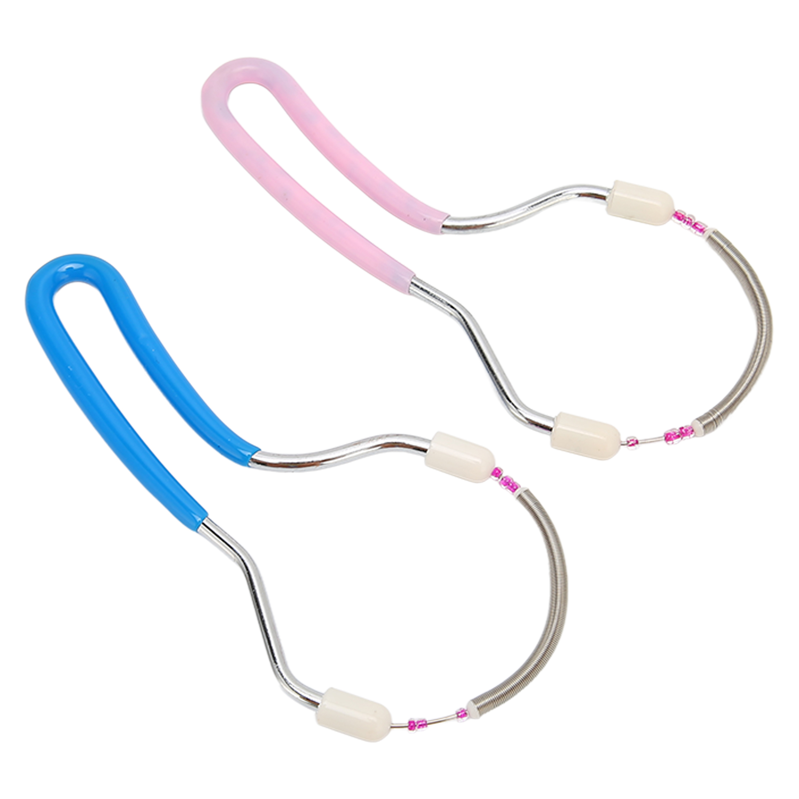 Zwei Werkzeuge zur Haarentfernung. Eines hat blaue Griffe, das andere rosa. Beide haben Metallfedern und weiße Endstücke.
