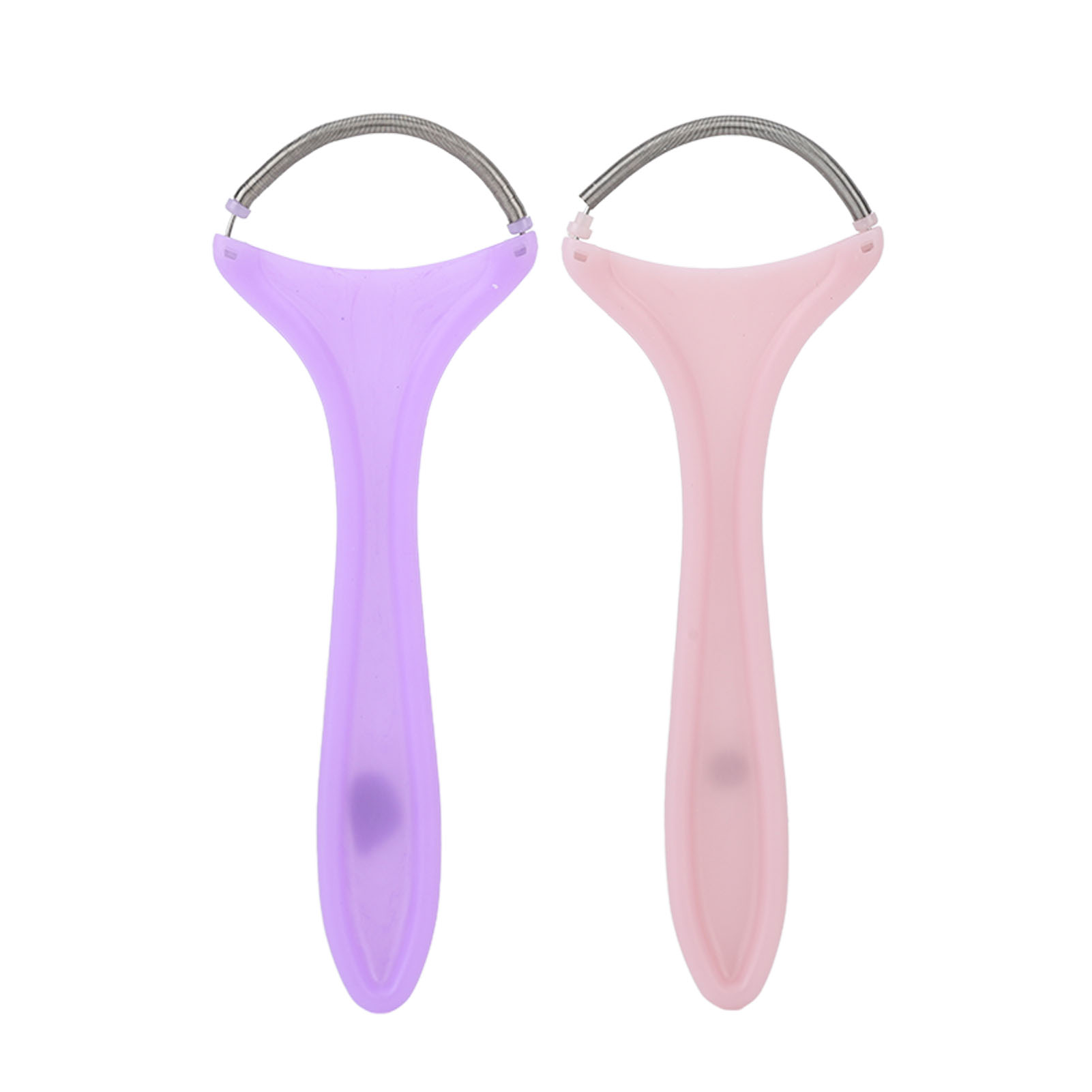 Zwei Enthaarungswerkzeuge. Eines ist lila, das andere rosa. Beide haben einen gebogenen Metalldraht und Kunststoffgriffe.