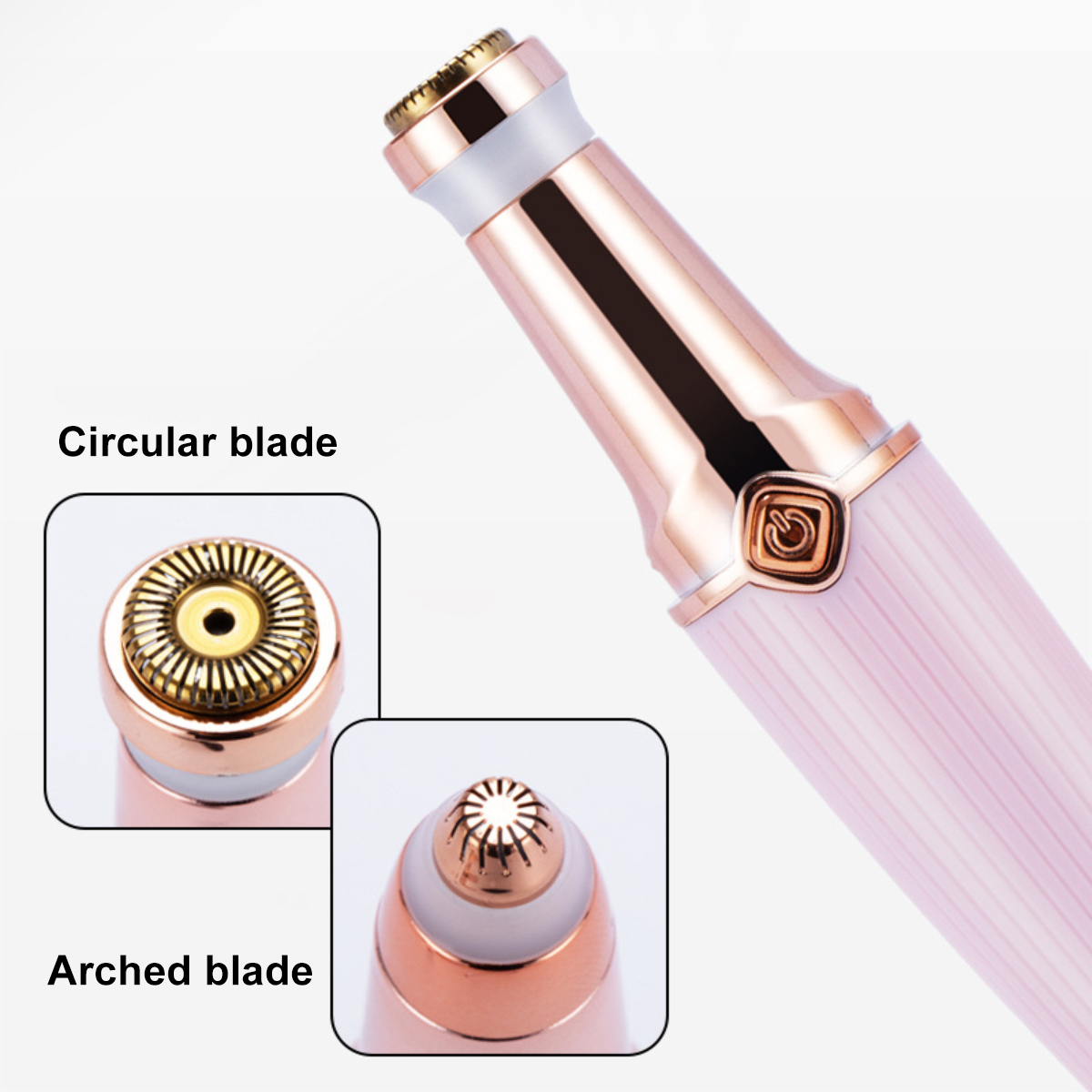 Nahaufnahme eines Epilierers. Das Gerät ist rosa und goldfarben. Zwei Nahaufnahmen von Klingen sind ebenfalls sichtbar.