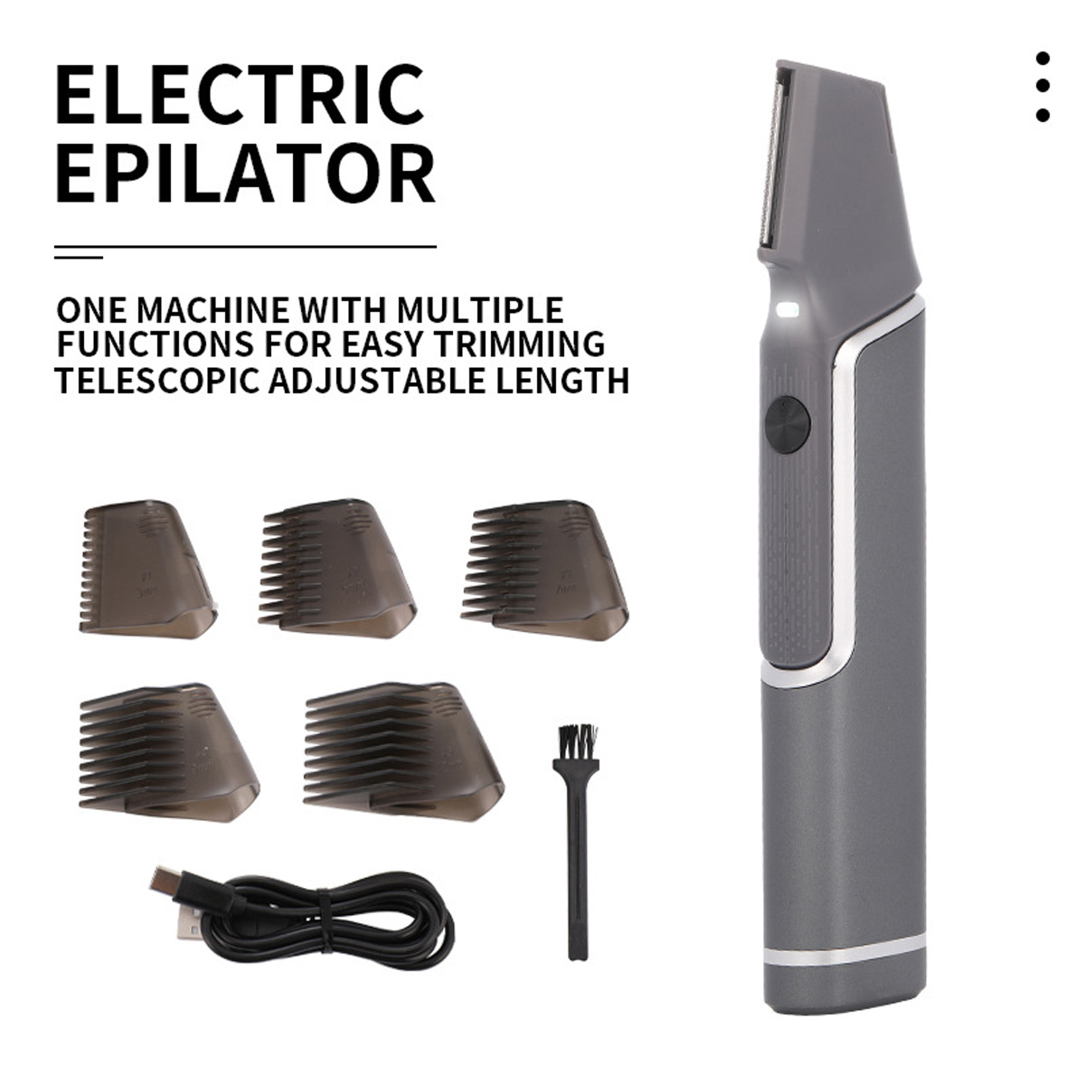 Ein elektrischer Epilierer mit mehreren Aufsätzen, einer Reinigungsbürste und einem USB-Kabel. Graues Epilierergehäuse mit schwarzem Knopf.