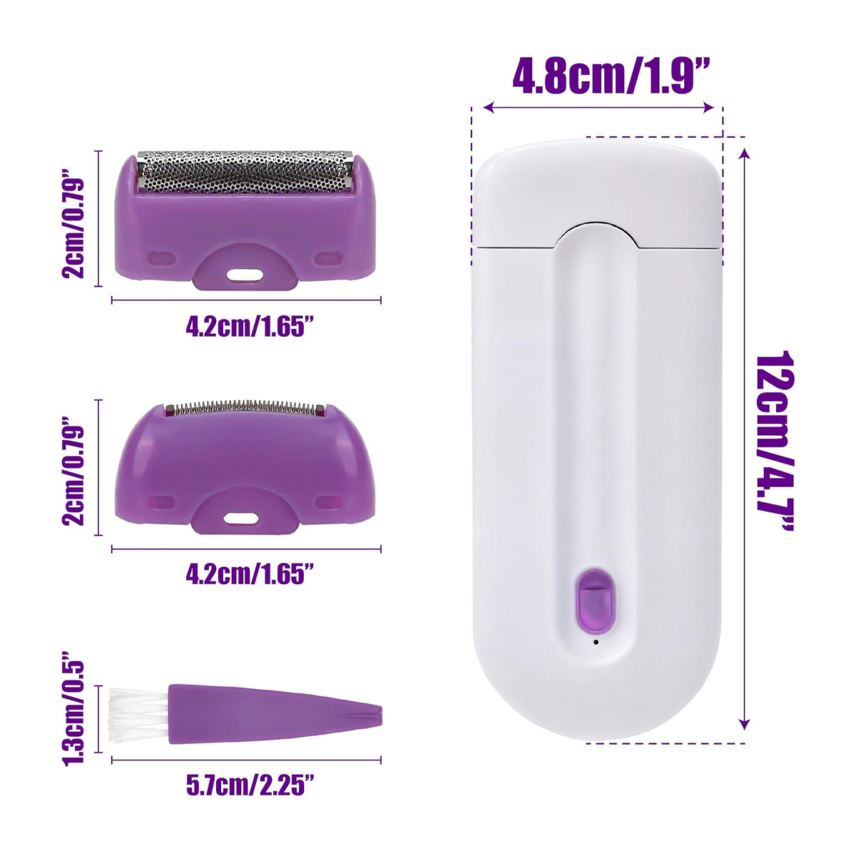 Ein weißer Epilierer mit lila Details, zerlegt mit Aufsätzen und einer Bürste. Abmessungen sind in cm/Zoll angegeben.