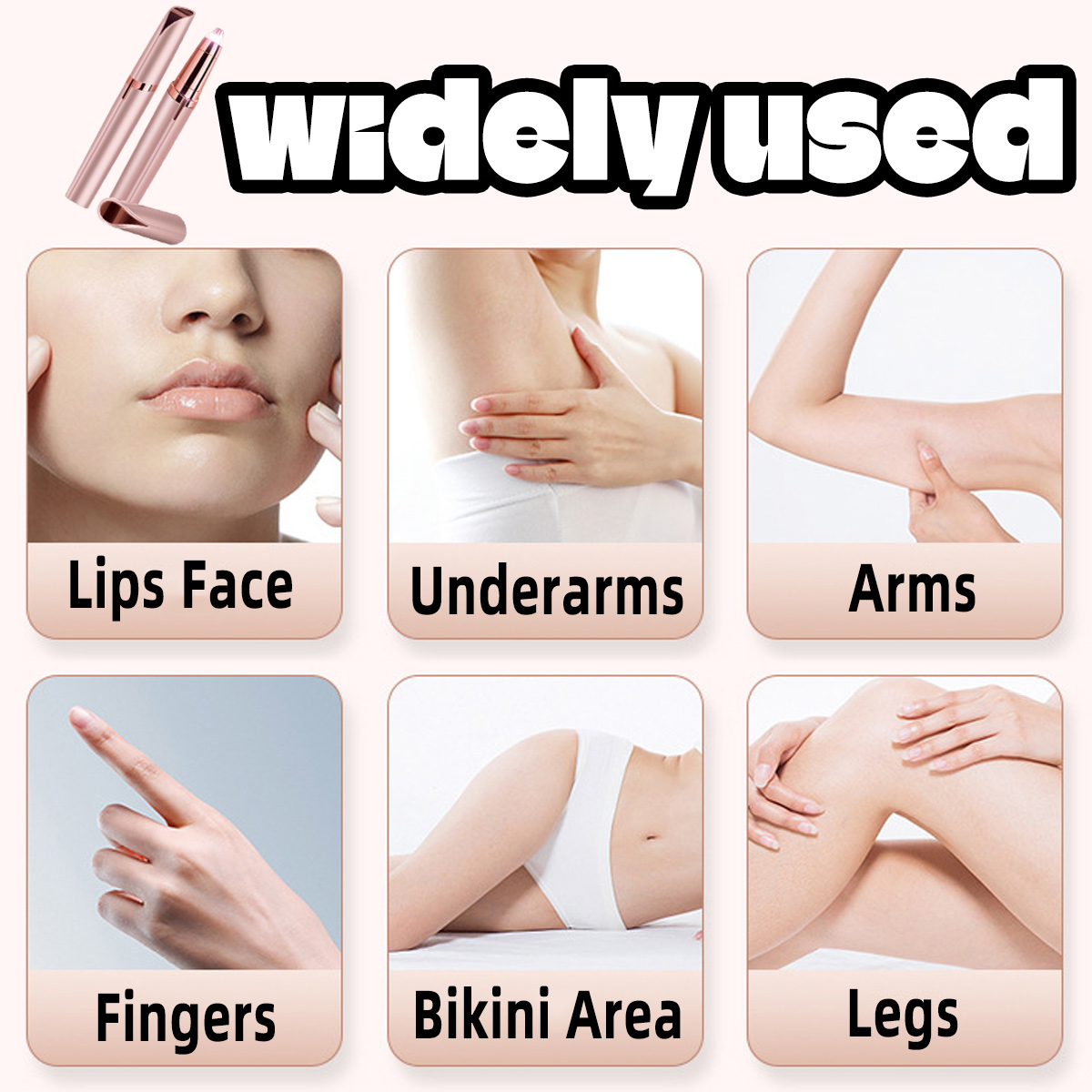 Das Bild zeigt Bereiche für die Haarentfernung: Lippen, Achselhöhlen, Arme, Finger, Bikinizone und Beine. Oben sind zwei Haarentfernungswerkzeuge.
