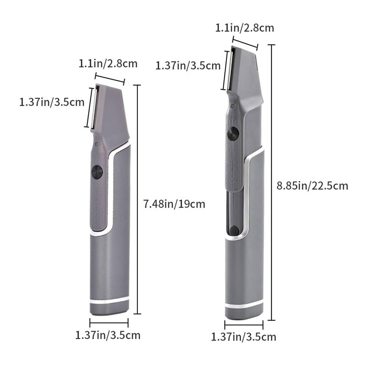 Zwei graue Haarschneider mit Größenangaben auf weißem Hintergrund. Einer ist 7,48 Zoll/19 cm hoch, der andere 8,85 Zoll/22,5 cm hoch.