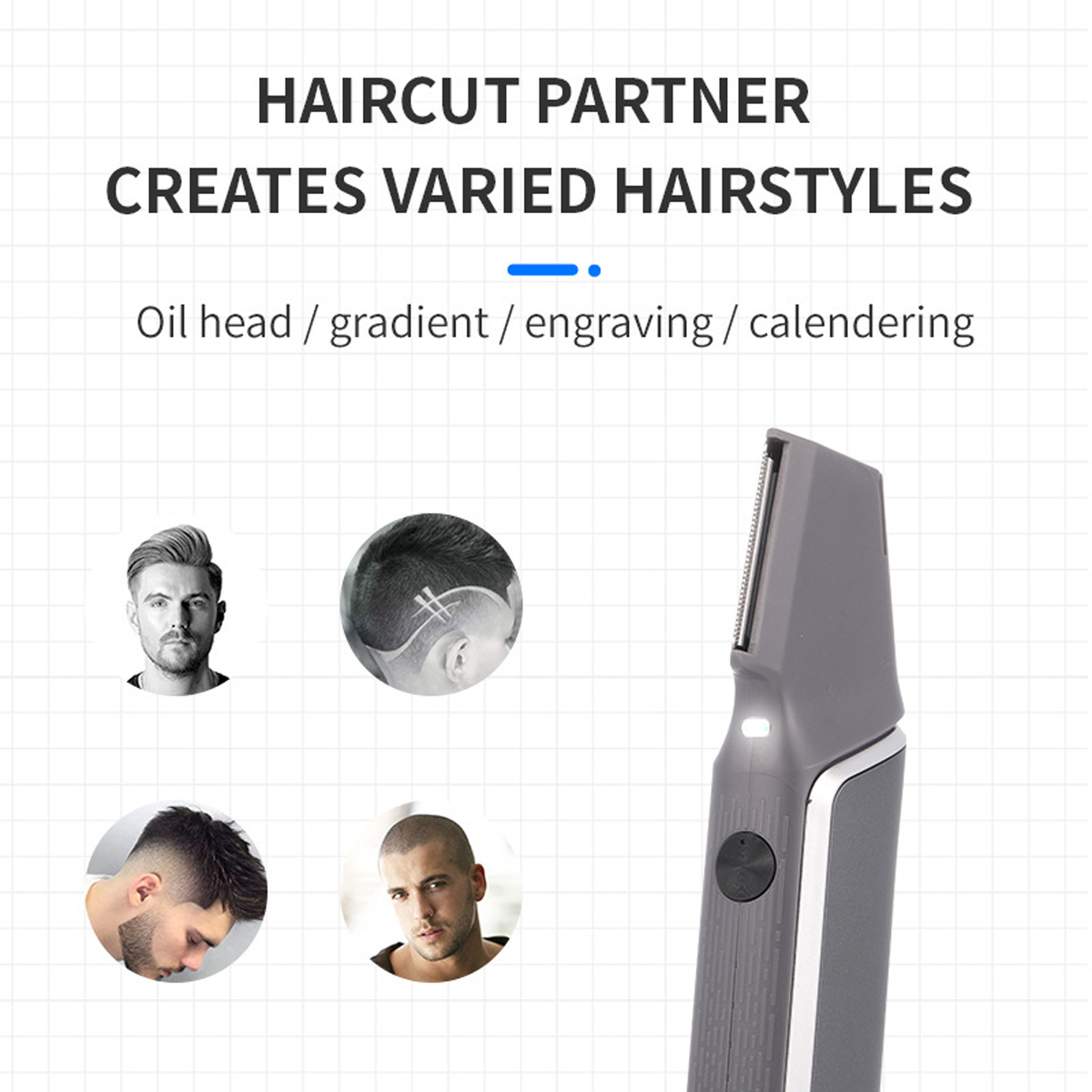 Das Bild zeigt einen Haarschneider mit vier Männergesichtern und dem Text 'HAIRCUT PARTNER CREATES VARIED HAIRSTYLES'.