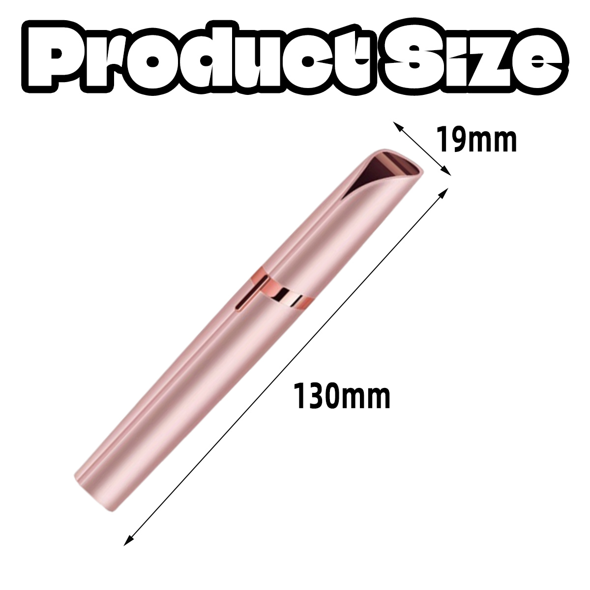 Ein roségoldenes Schönheitsprodukt mit Größenangaben. Es ist 130 mm lang und 19 mm breit. Der Text 'Product Size' steht oben.