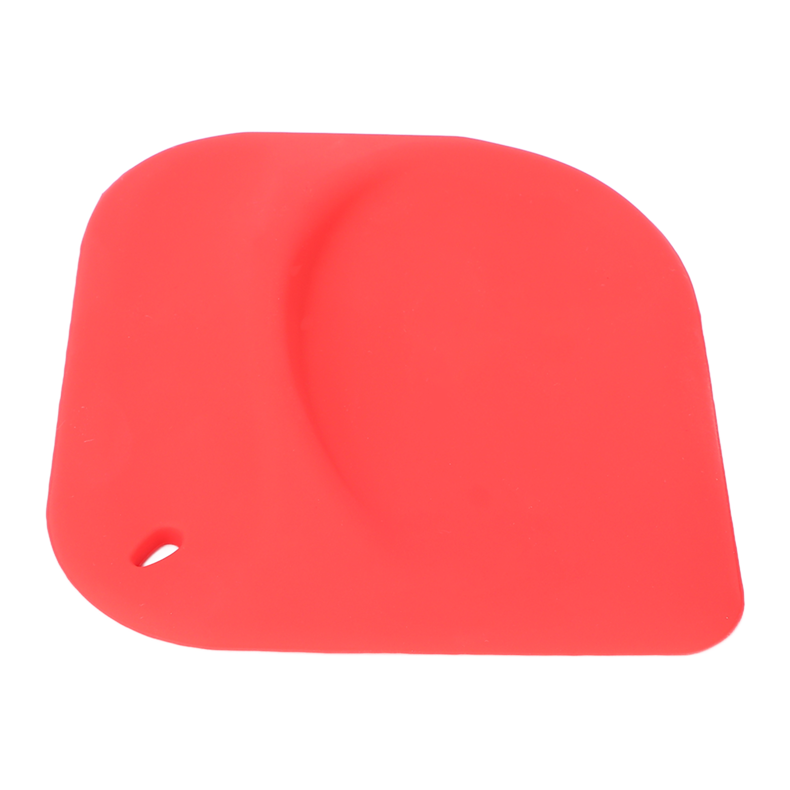 Ein roter Silikonspatel auf weißem Hintergrund. Es hat eine abgerundete Form mit einem Loch zum Aufhängen.