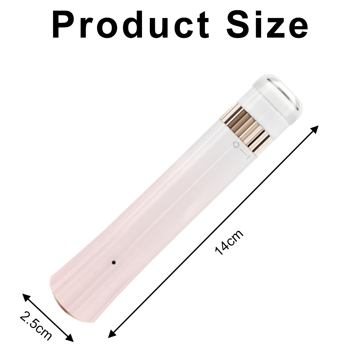 Ein weißes und rosa Schönheitsgerät wird abgebildet, mit Größenangaben von 14 cm Länge und 2,5 cm Breite. Der Titel lautet 'Produktgröße'.