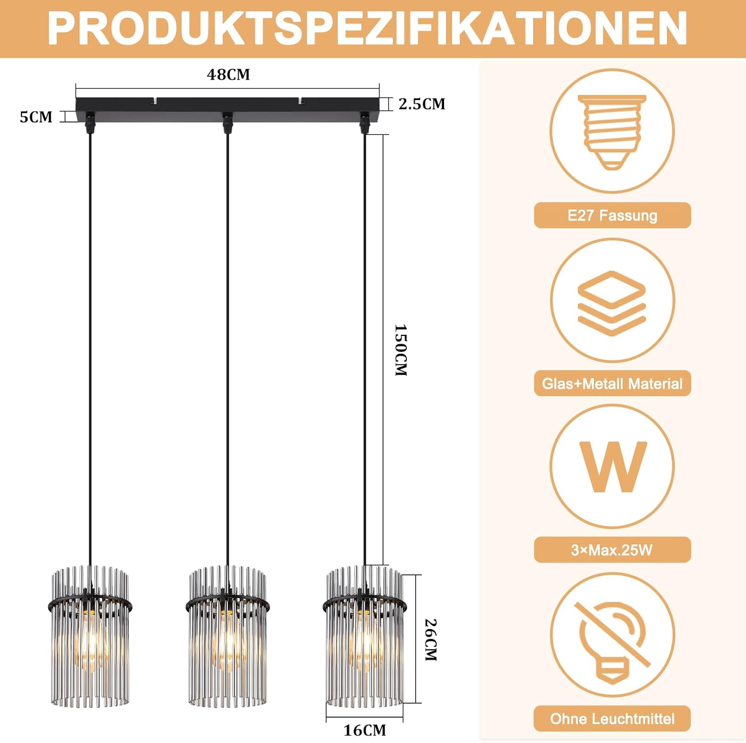 Un lampadario moderno con tre lampade cilindriche. Le dimensioni sono indicate. Il testo include 'E27 Fassung', 'Glas+Metall Material'.