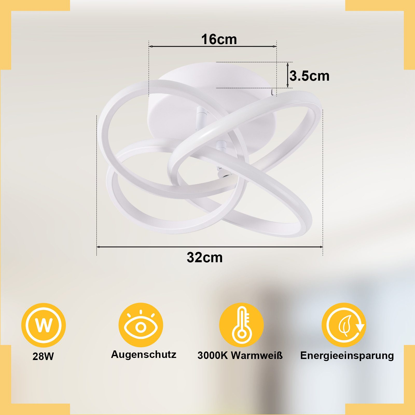 Lampada da soffitto a LED bianca con dimensioni. Caratteristiche: protezione occhi, 28W, bianco caldo 3000K e risparmio energetico.