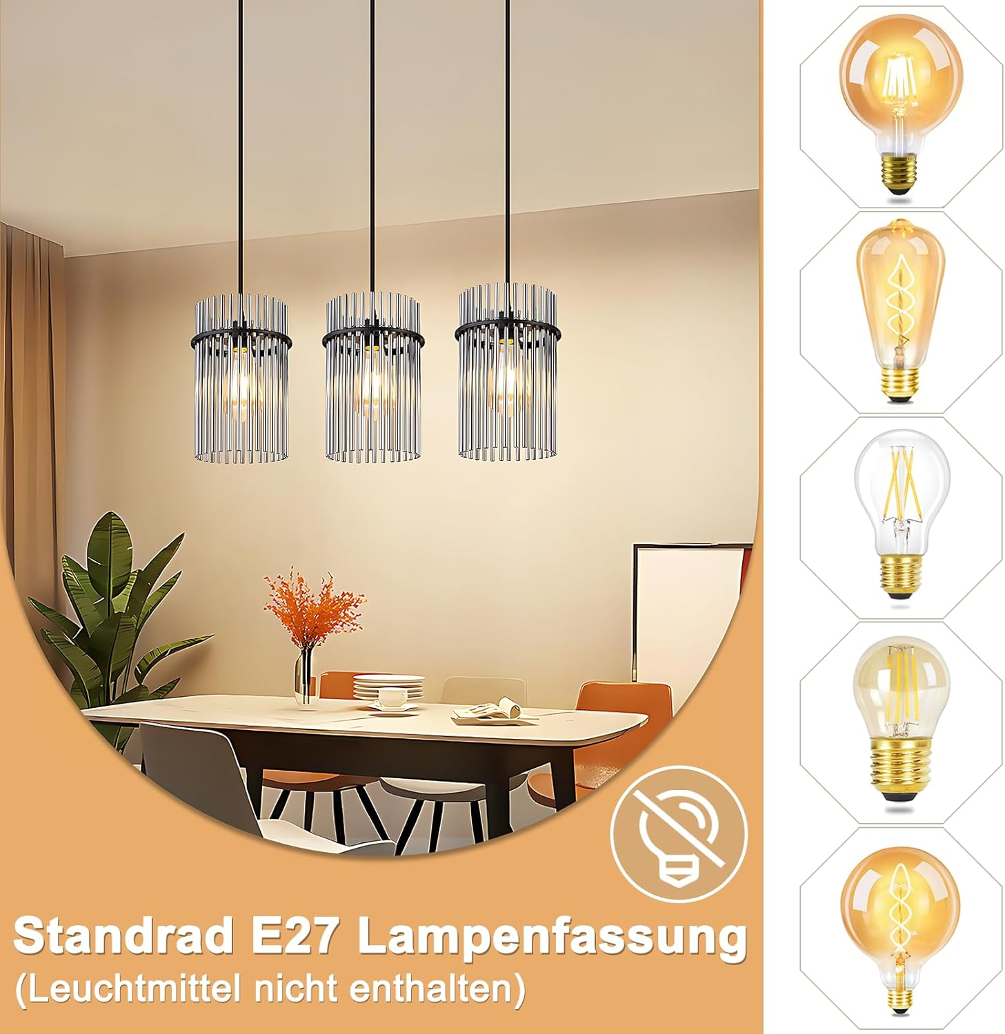 Tre lampade a sospensione sopra un tavolo. Varie lampadine a destra. Testo: Standrad E27 Lampenfassung (Leuchtmittel nicht enthalten).