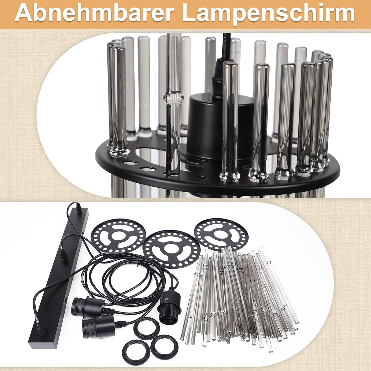 L'immagine mostra una lampada smontata. Presenta una base nera con aste metalliche, componenti elettrici e aste di vetro.