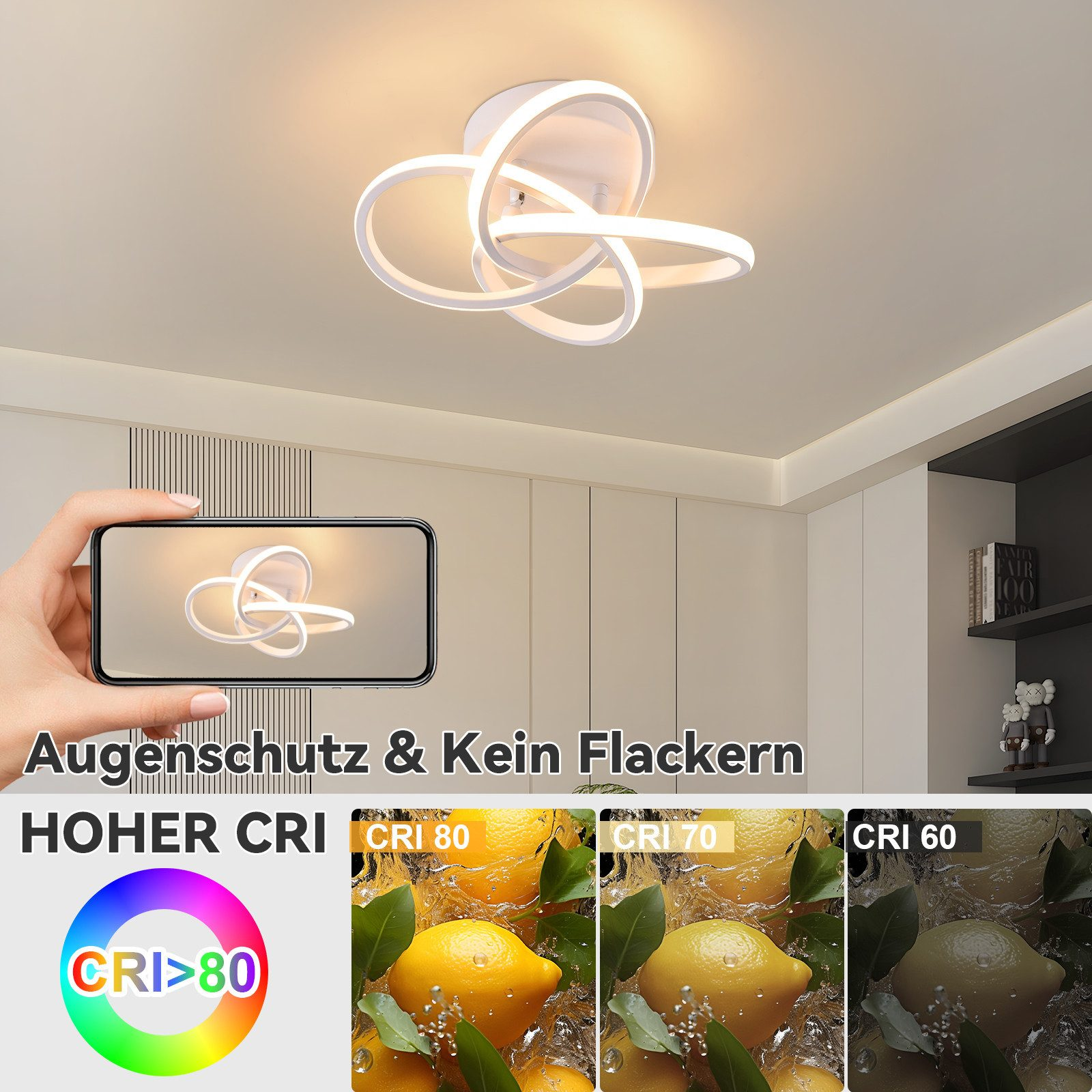 Una mano tiene un telefono che mostra una lampada da soffitto bianca. Sotto, il testo recita 'Augenschutz & Kein Flackern' e 'HOHER CRI'.