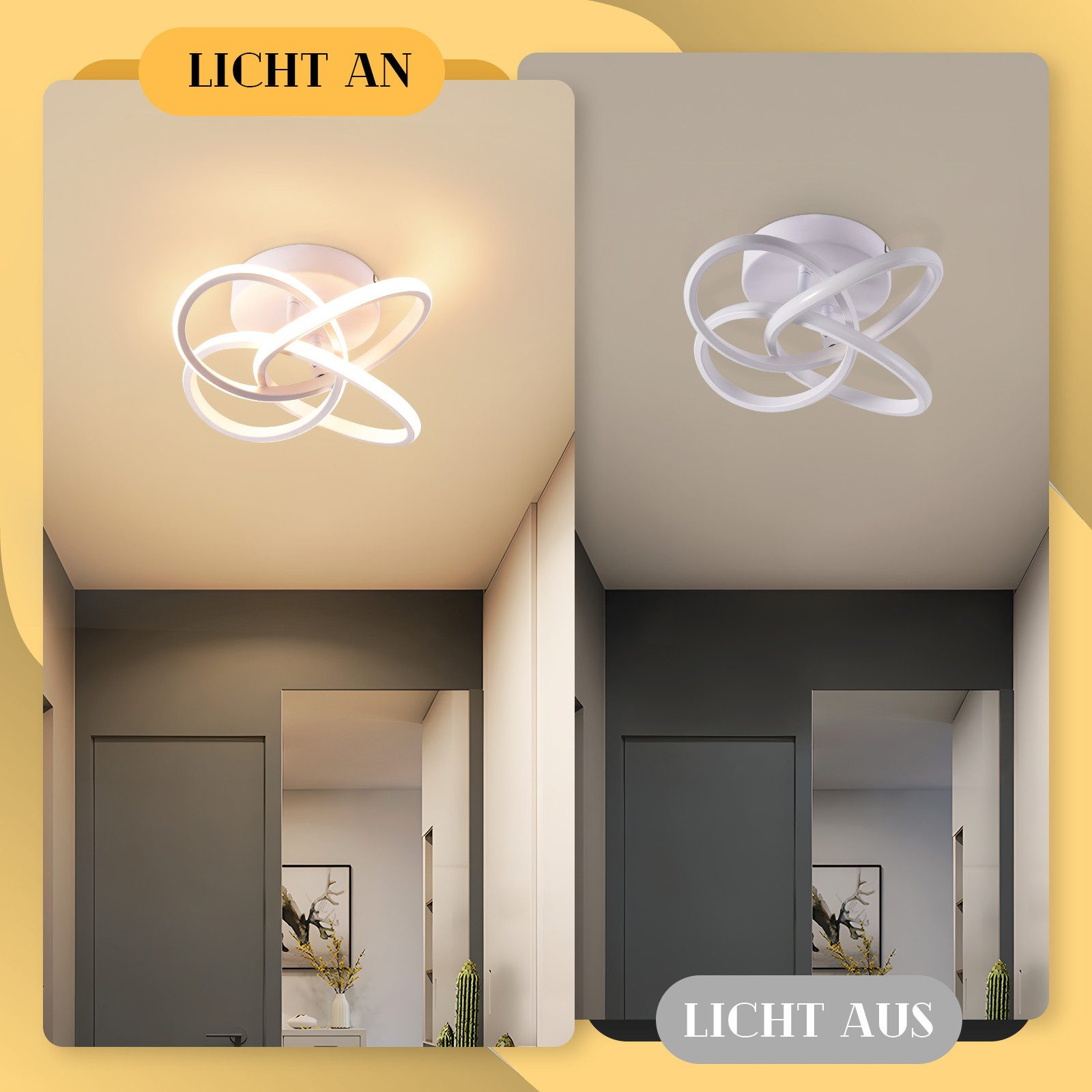 L'immagine mostra una lampada da soffitto in due stati: accesa e spenta. Corridoio con porte e arte sullo sfondo.