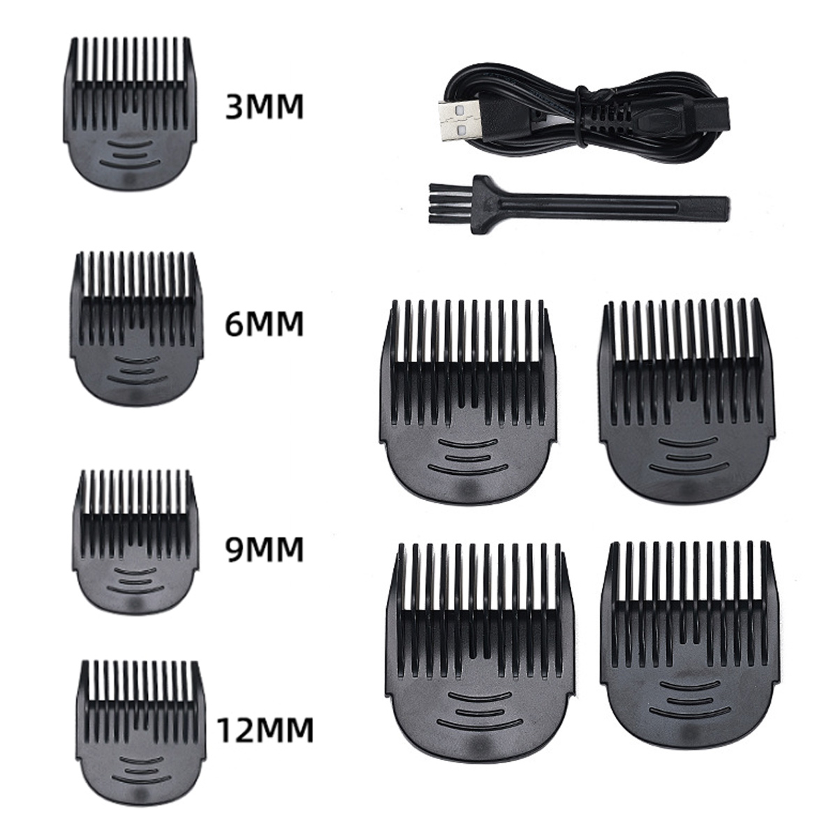 Ein Satz schwarzer Haarschneideaufsätze mit der Bezeichnung 3 mm, 6 mm, 9 mm und 12 mm. Zubehör umfasst ein USB-Kabel und eine Bürste.