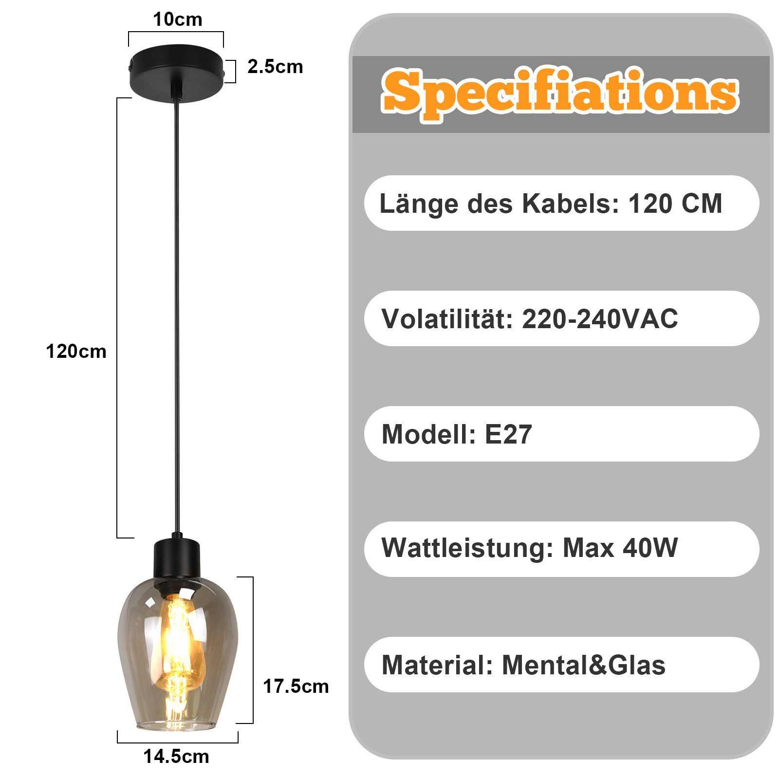 Eine schwarze Pendelleuchte mit Spezifikationen. Sie hat einen Glasschirm und einen langen Draht. Spezifikationen umfassen Spannung und Wattzahl.