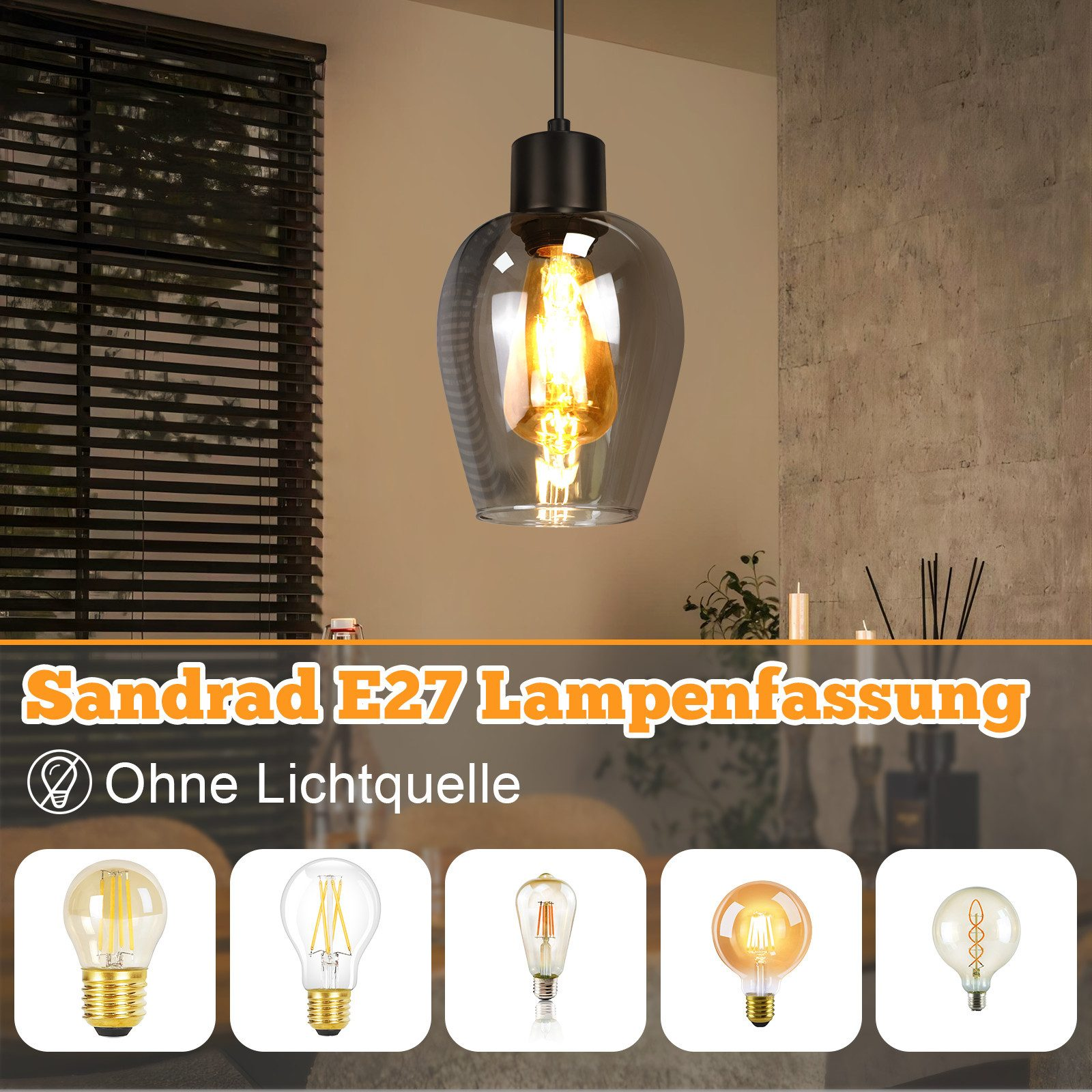 Eine Pendelleuchte mit klarem Glasschirm, Edison-Glühbirne und schwarzem Sockel. Der Hintergrund hat Jalousien und eine Betonwand.