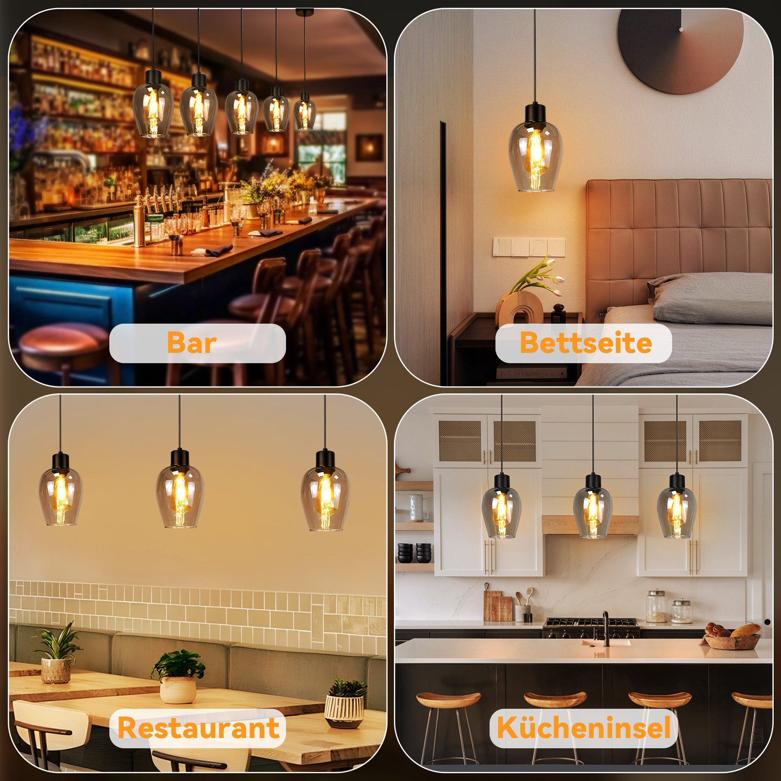Vier Szenen mit Pendelleuchten. Bar, Schlafzimmer, Restaurant und Kücheninsel. Jede Szene hat eine andere Anzahl an Lichtern.
