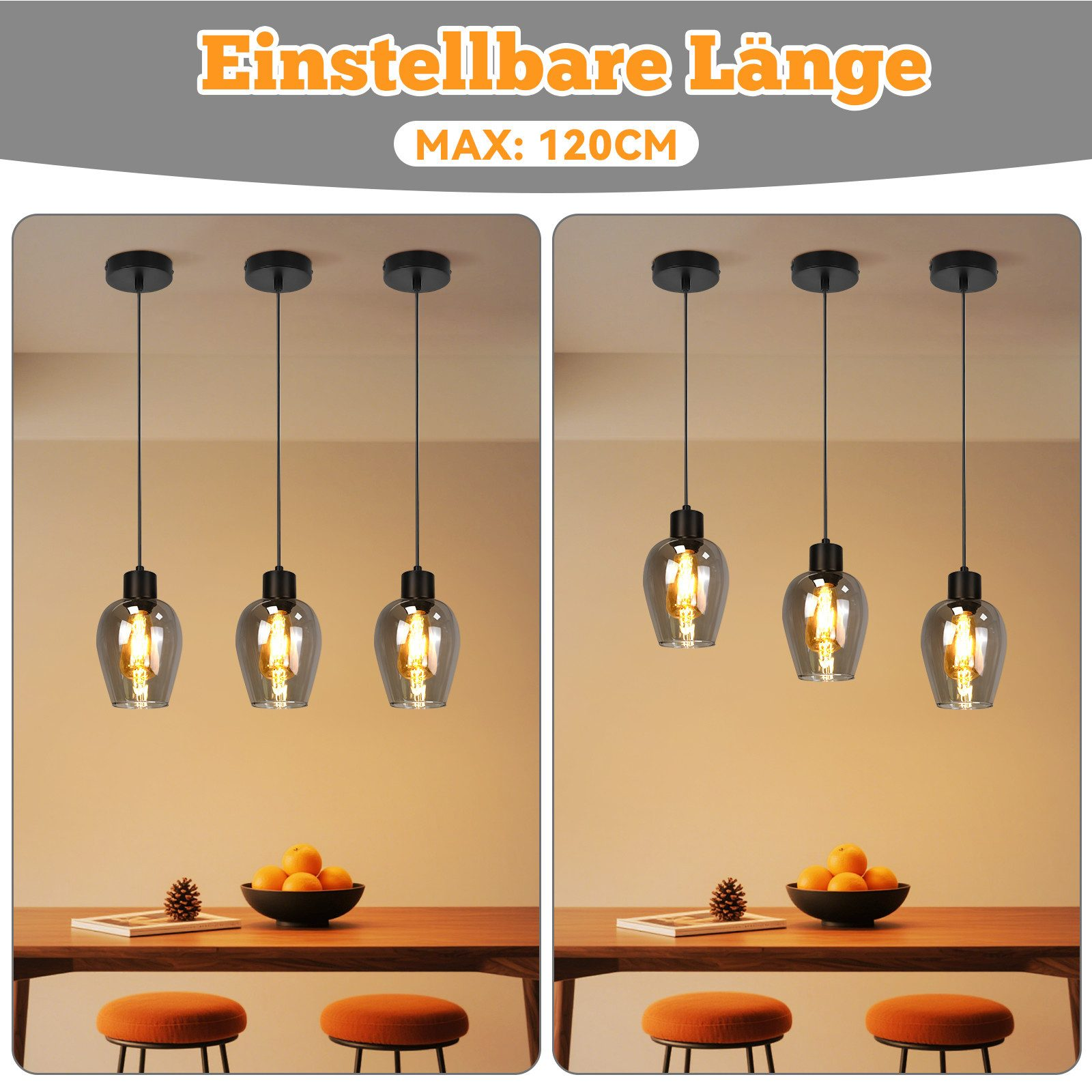 Das Bild zeigt Pendelleuchten mit orangefarbenen Hockern und einem Tisch mit Orangen. Der Hintergrund ist cremefarben.