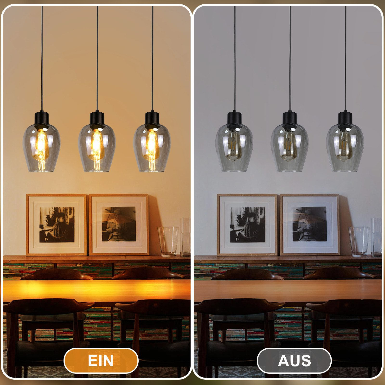 Das Bild zeigt einen Raum mit drei Pendelleuchten, die an und ausgeschaltet sind. An der Wand hängen Bilder und es gibt einen Tisch mit Stühlen.