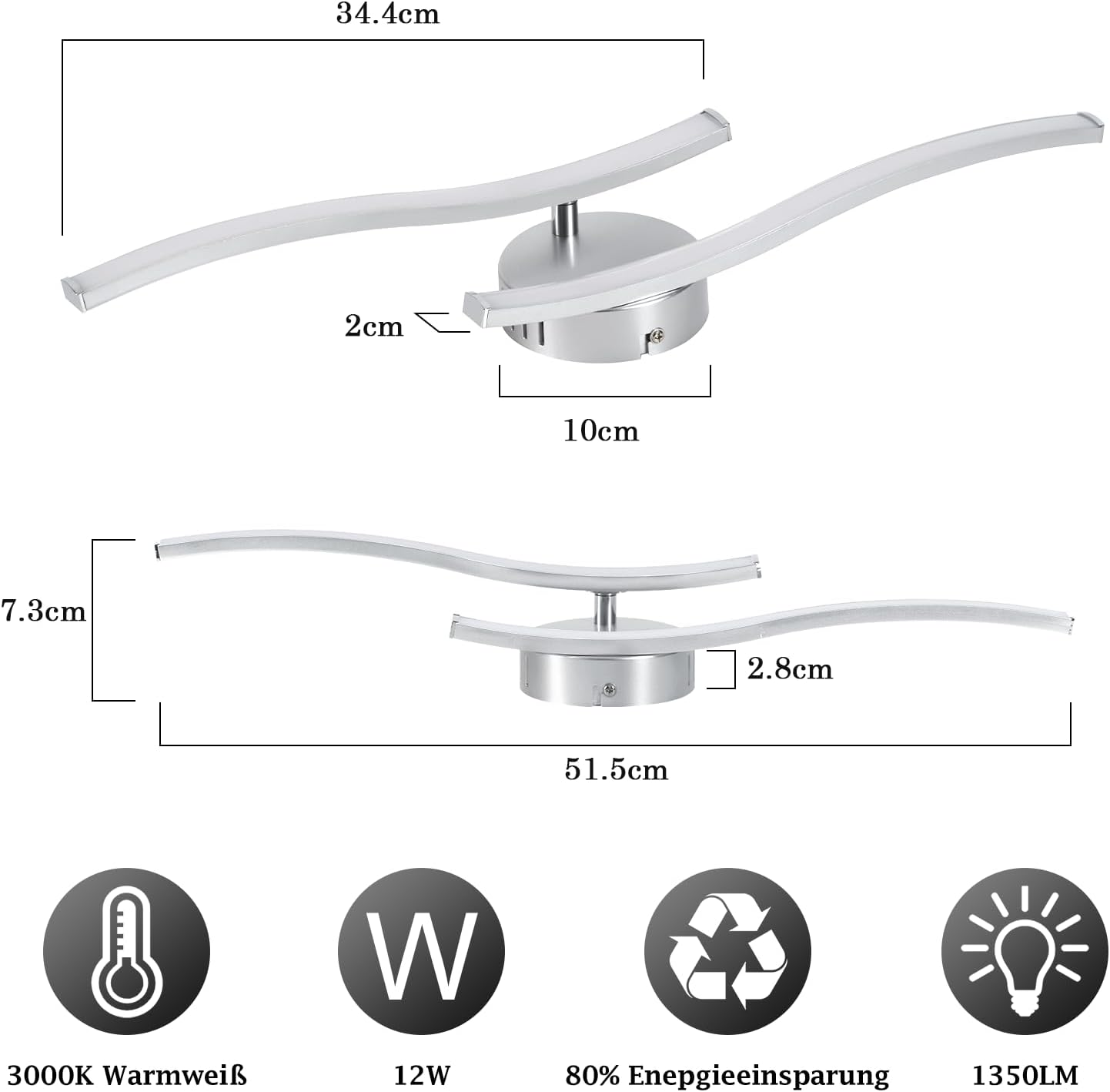Una moderna plafoniera a LED con bracci ondulati. Dimensioni e icone per l'efficienza energetica e l'emissione luminosa.