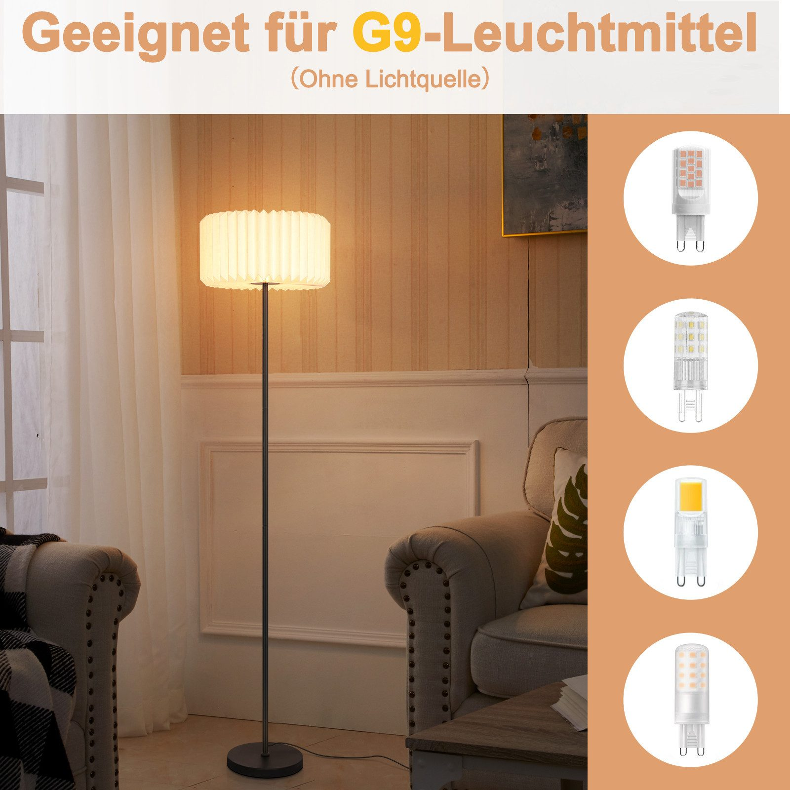 Eine Stehlampe mit plissiertem Lampenschirm steht in einem Raum. Verschiedene G9-Glühbirnen werden rechts angezeigt.