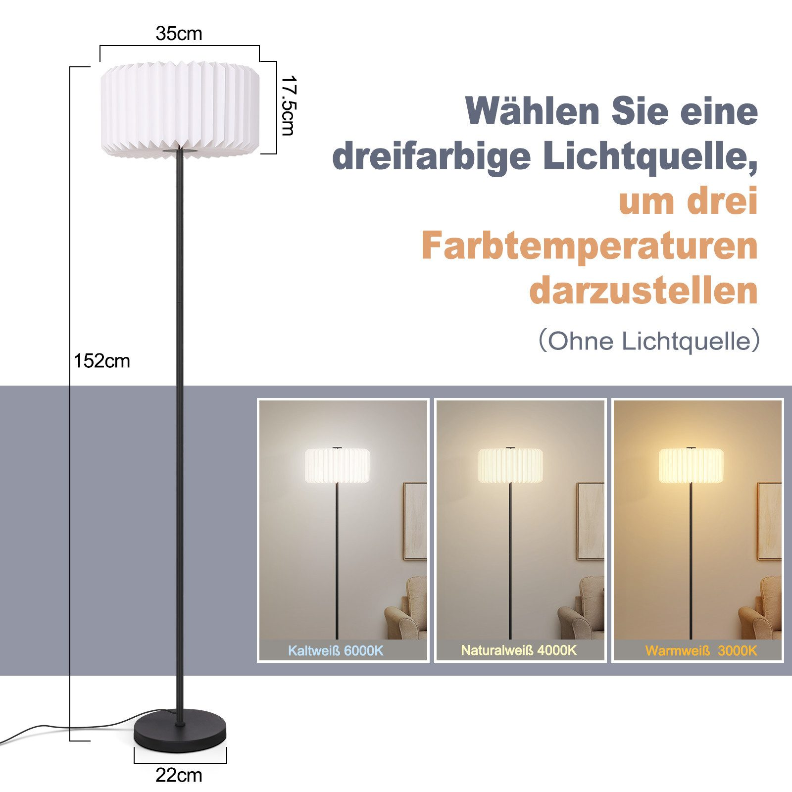 Eine Stehlampe mit weißem Lampenschirm, schwarzem Stab und rundem Fuß. Drei Lichtoptionen werden gezeigt: kalt, natürlich und warm.