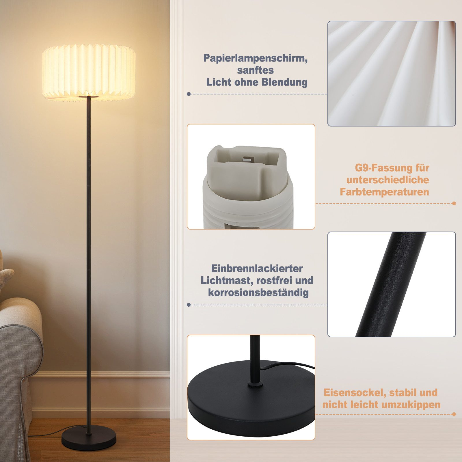 Eine Stehlampe mit Papierschirm und schwarzem Metallständer. Details zeigen den Sockel, die Fassung und das Schirmmaterial.