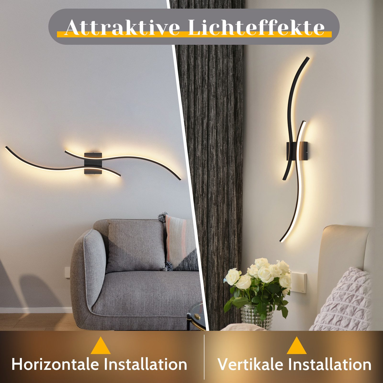 L'immagine mostra due lampade da parete in diverse installazioni. Le lampade hanno cornici nere ed emettono luce bianca.