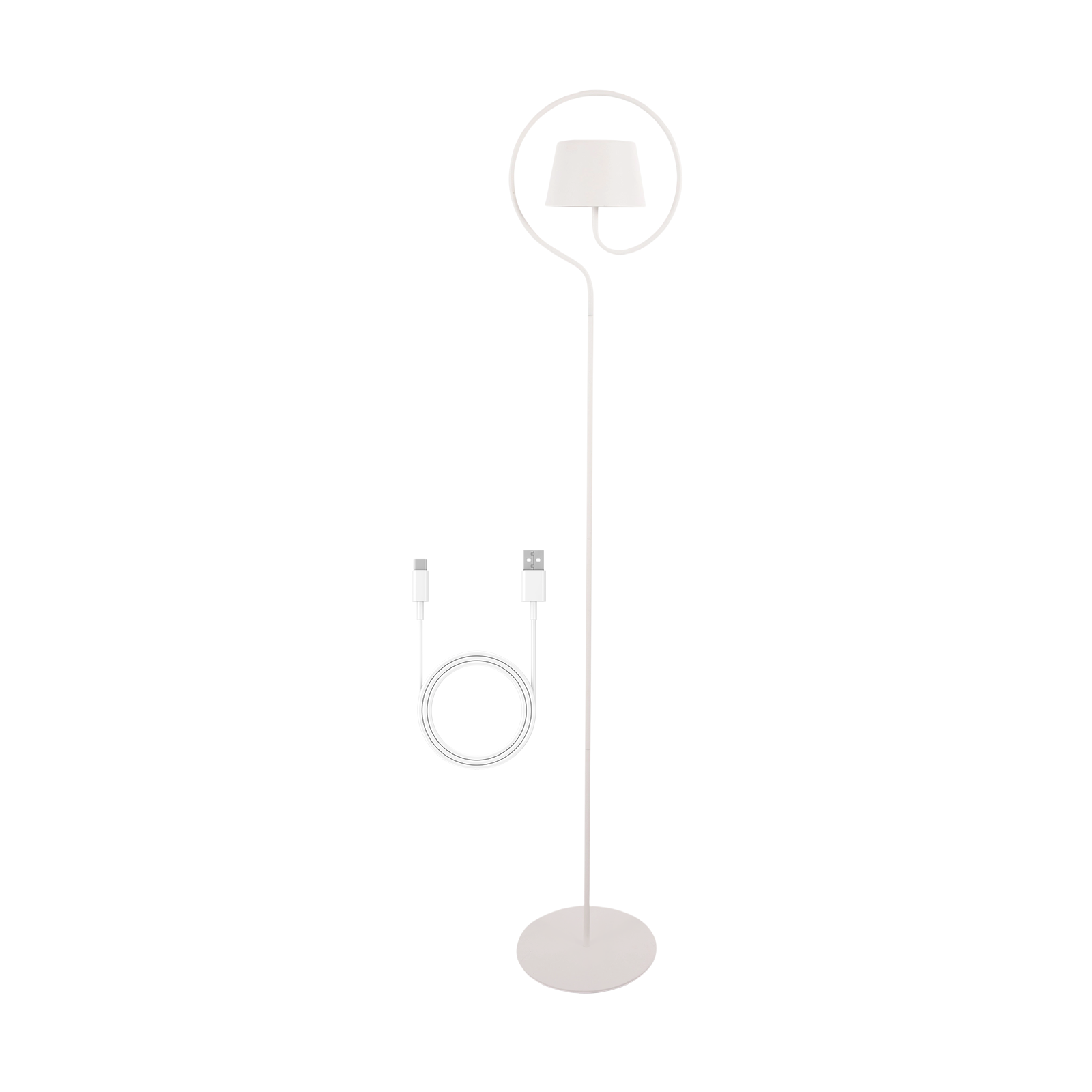 Una lampada da terra bianca con paralume bianco e cavo USB, su sfondo bianco.