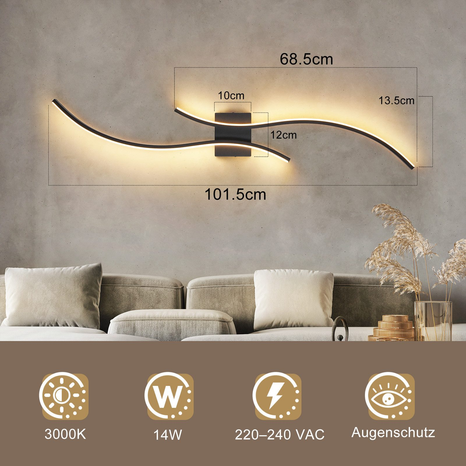 Una lampada da parete moderna con dimensioni. Sotto, un divano, cuscini ed elementi decorativi sono visibili. Vengono visualizzate le specifiche tecniche.