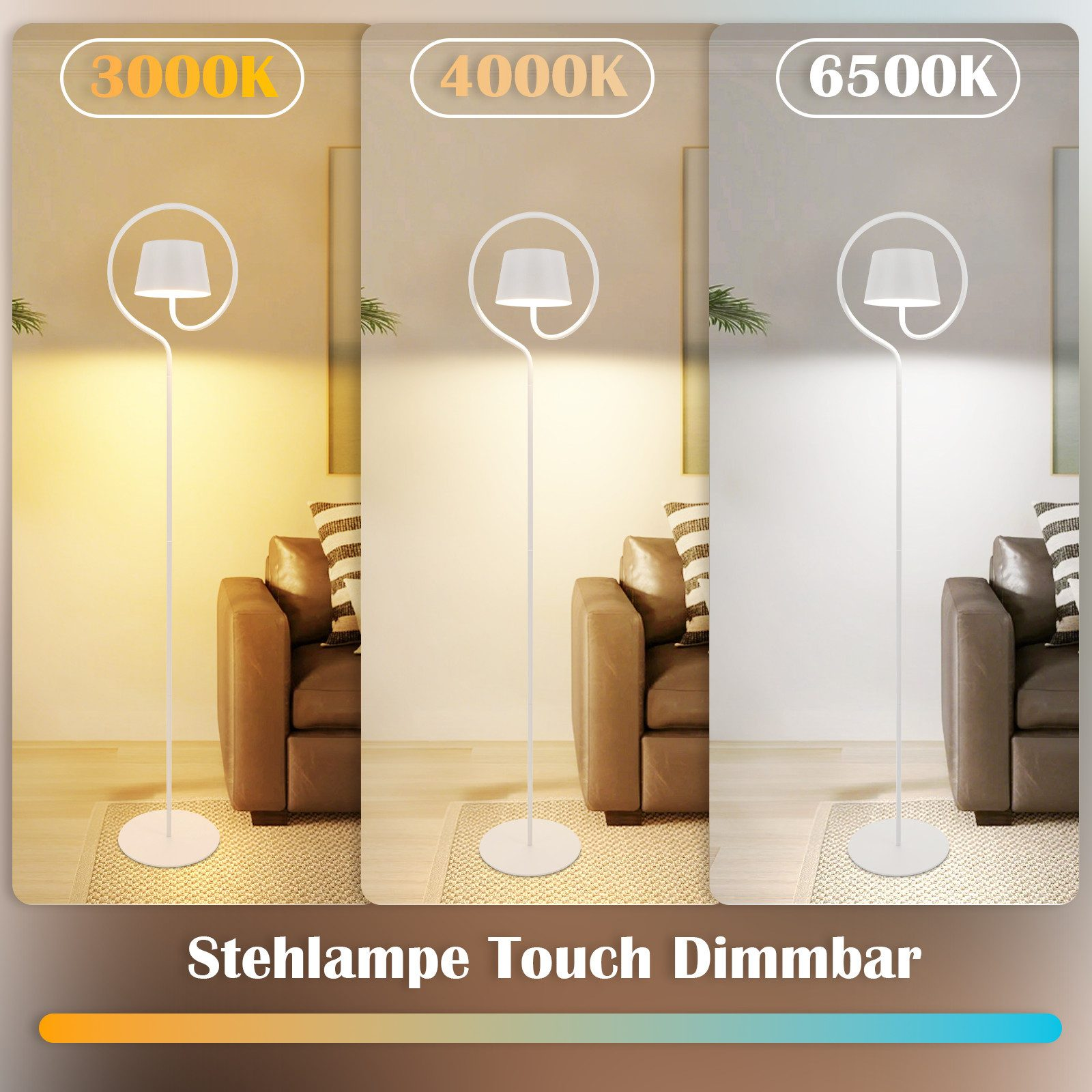 L'immagine mostra una lampada da terra con diverse impostazioni di luce (3000K, 4000K, 6500K). Divano marrone, muro bianco e lampada.