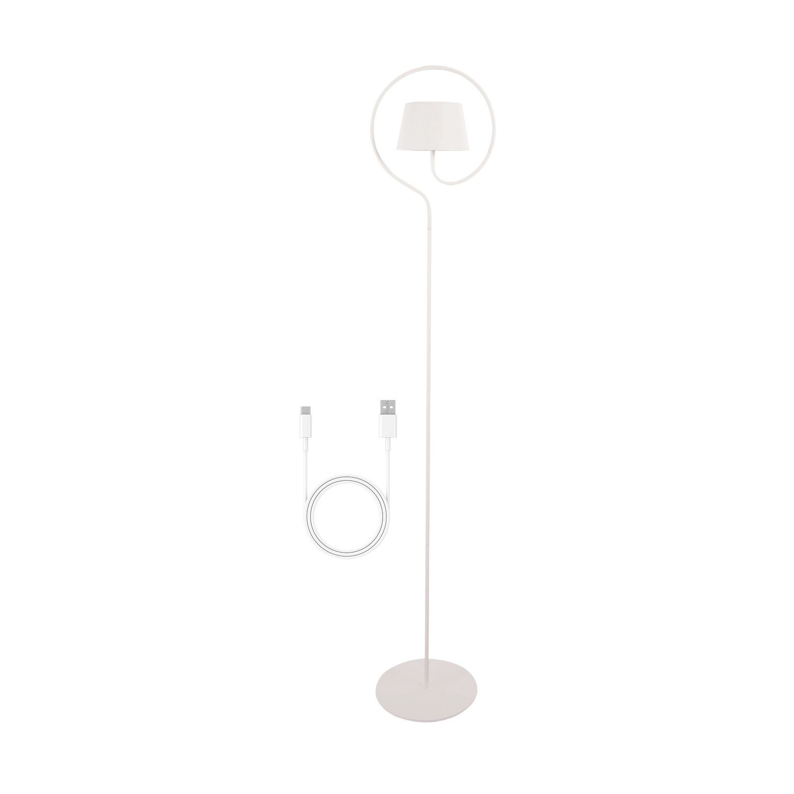 Una lampada da terra bianca con paralume circolare, cavo USB e base rotonda, tutto su sfondo bianco.