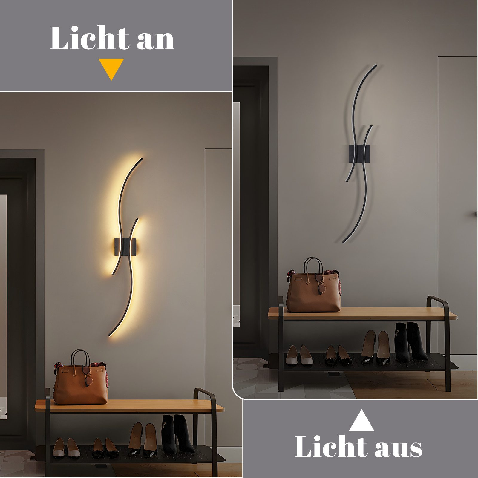 Un corridoio con scarpiera e luce decorativa. Una borsa poggia sulla mensola. La luce è accesa e spenta in diversi pannelli.