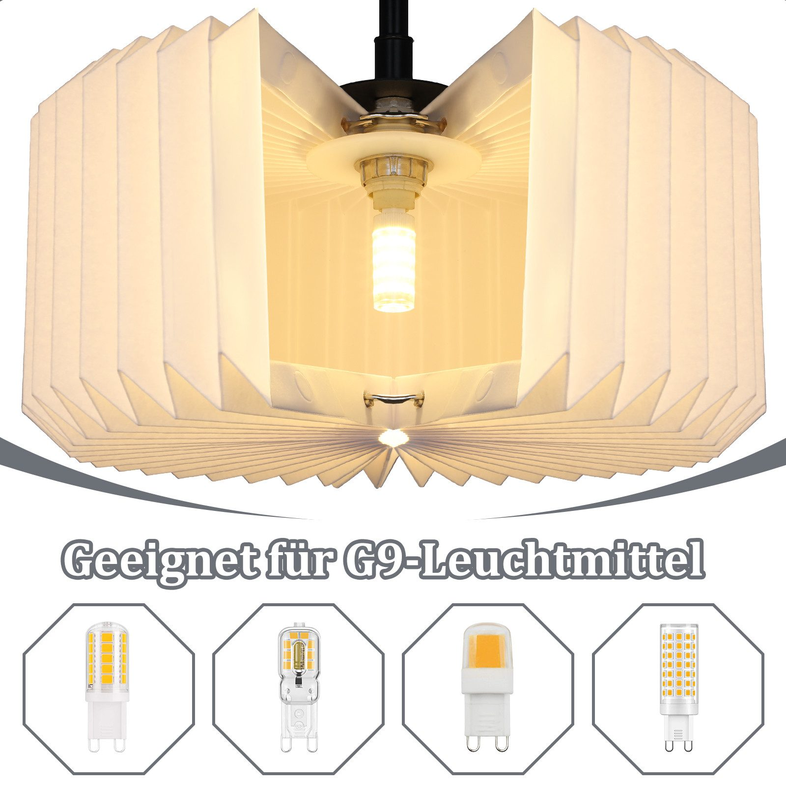 Un paralume bianco in stile origami con una lampadina sospesa. Sotto ci sono quattro illustrazioni di diverse lampadine.