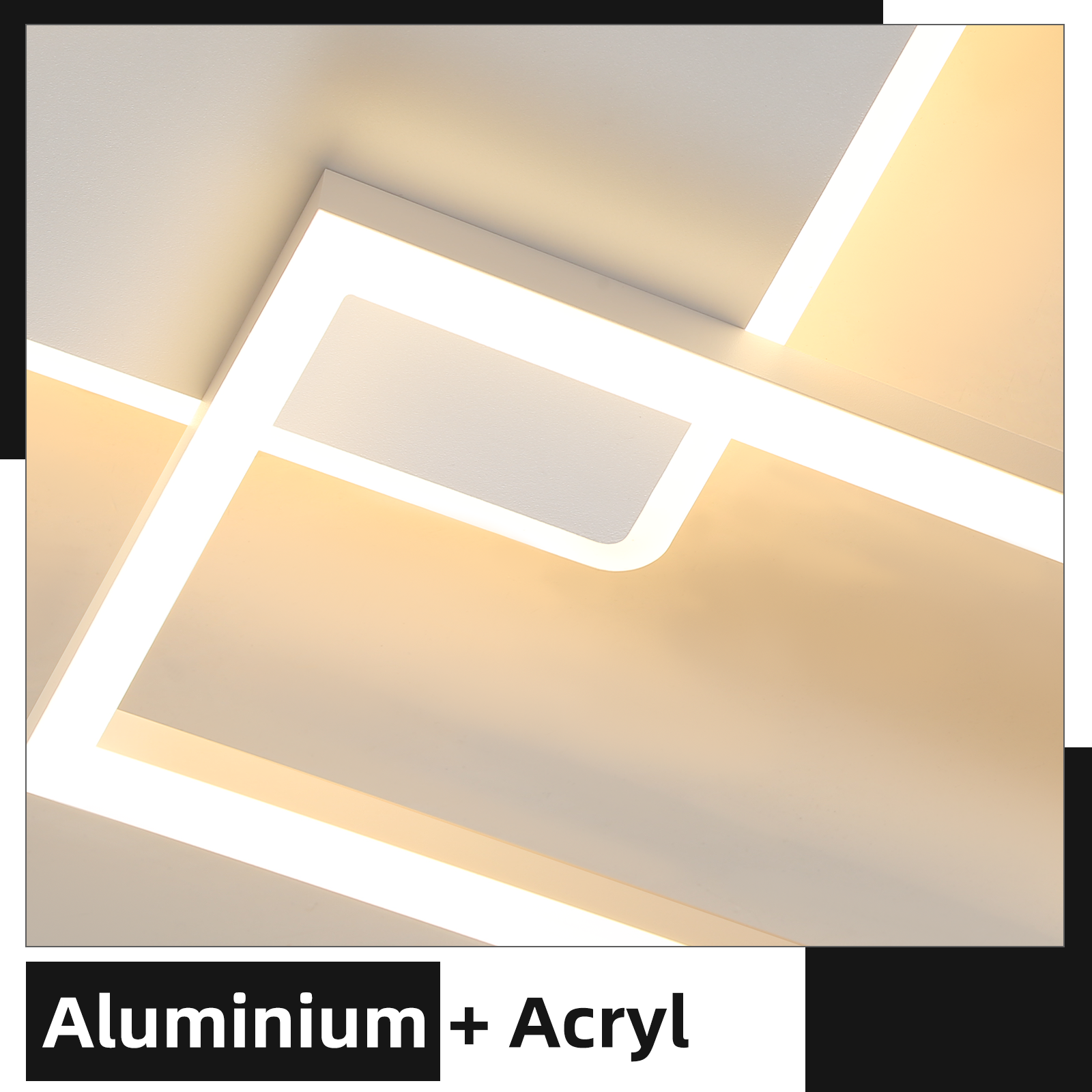 Lampada da soffitto geometrica moderna con sezioni illuminate bianche e gialle. Testo 'Aluminium + Acryl' in basso.