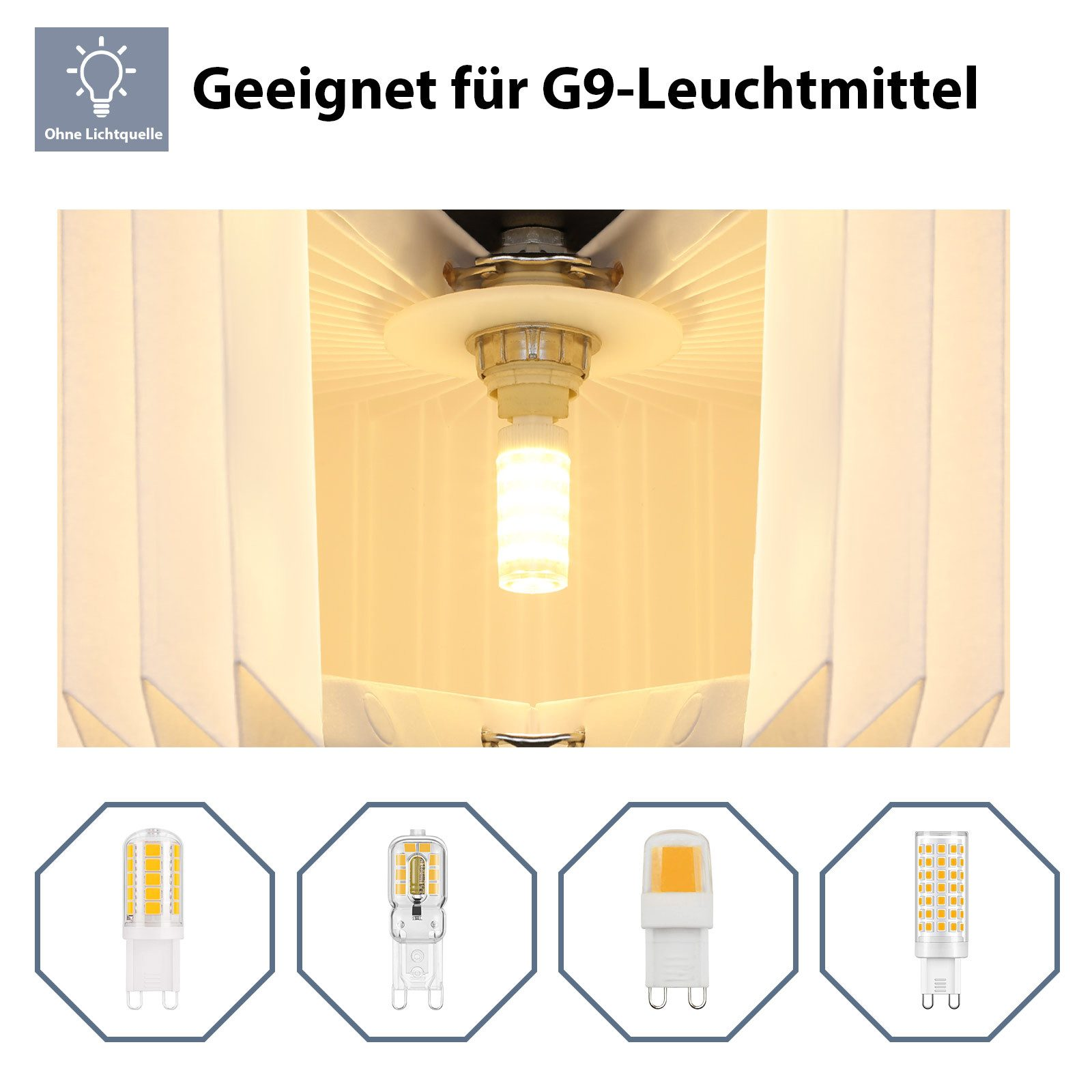 Una lampadina G9 accesa in un apparecchio. Il testo in alto dice 'Adatto per lampade G9'. Sono mostrate quattro lampadine G9.