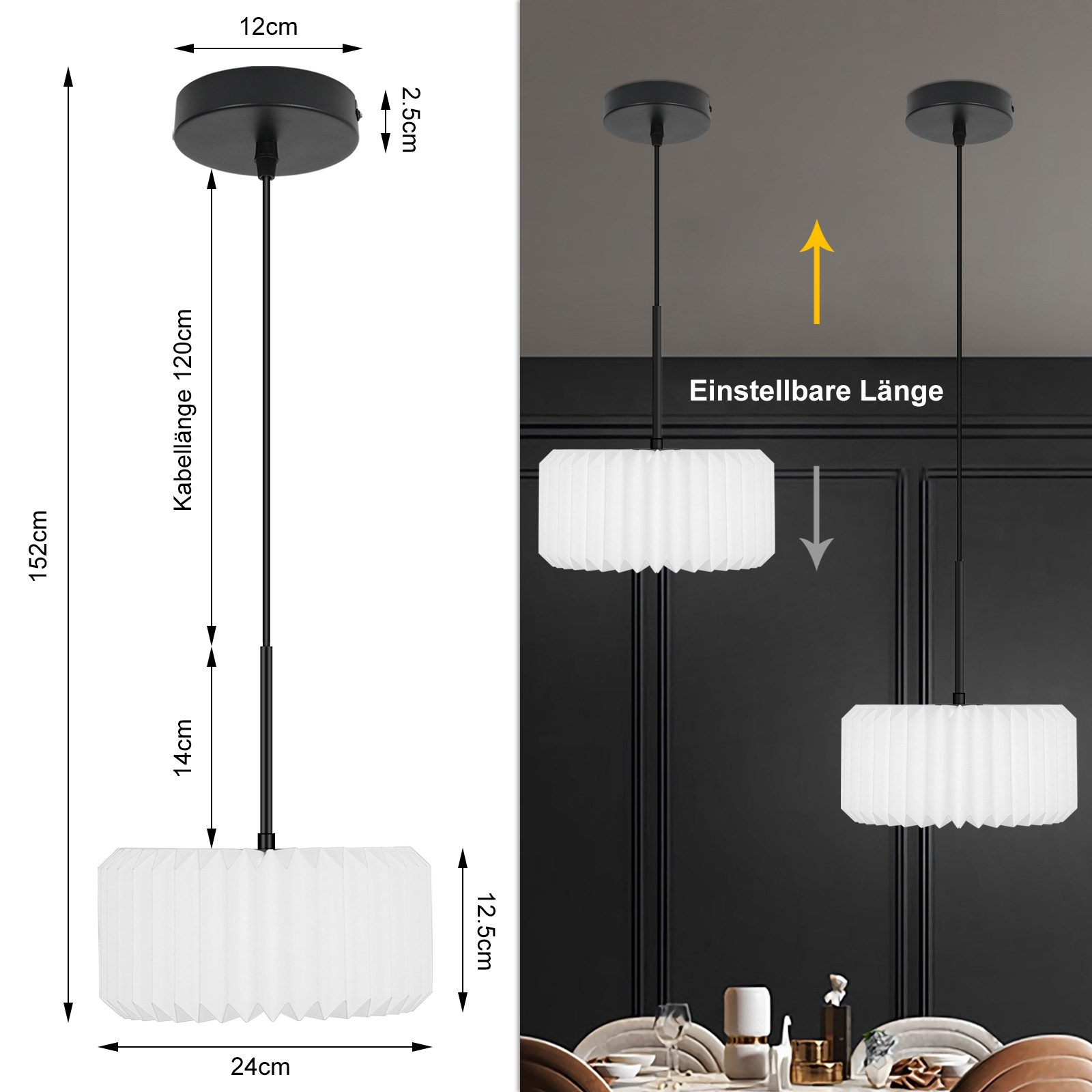 Due lampade a sospensione con paralumi bianchi. Le dimensioni sono indicate. Lo sfondo è una sala da pranzo.