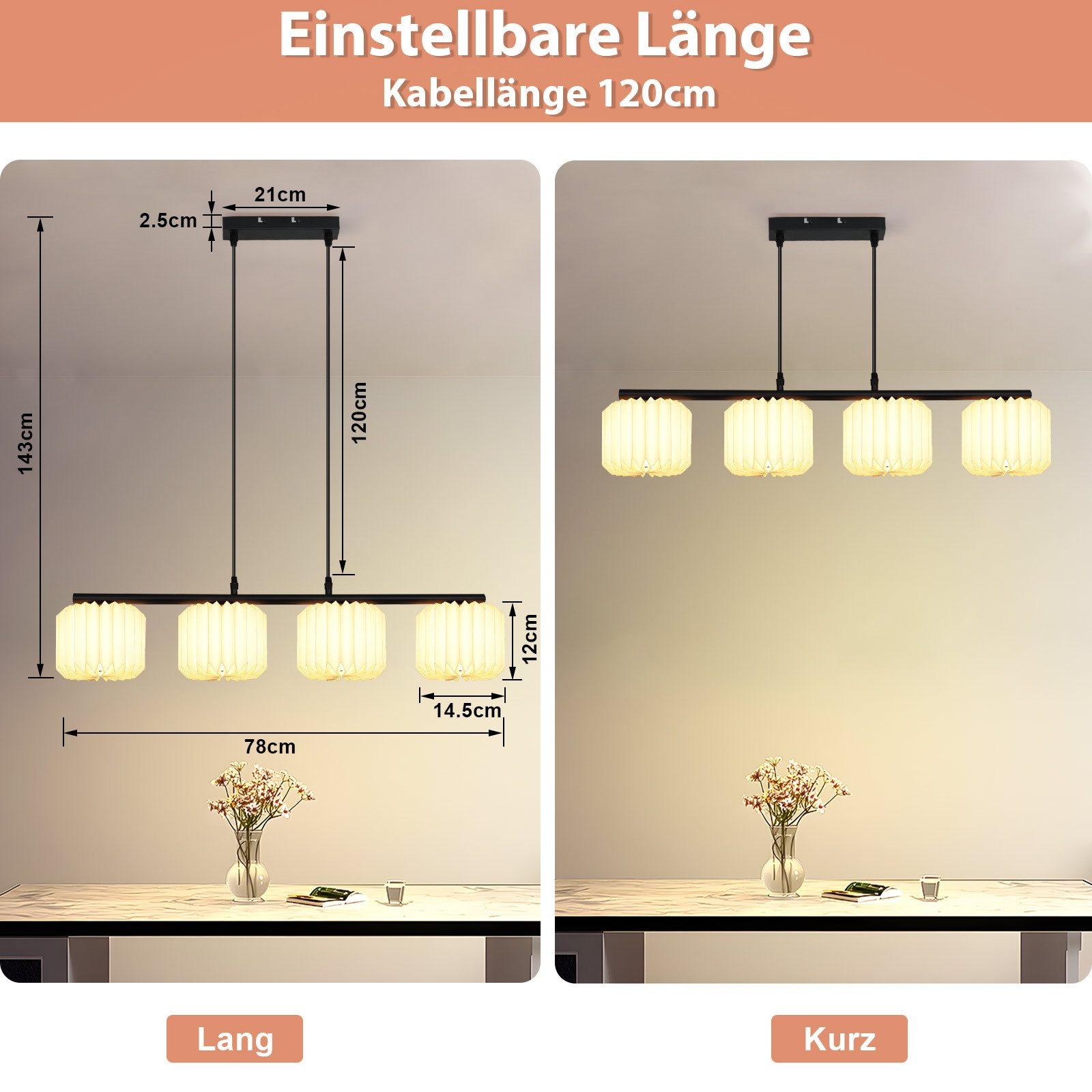 Un lampadario nero moderno con quattro luci, le dimensioni sono visualizzate. Sotto, un vaso di fiori su un tavolo.