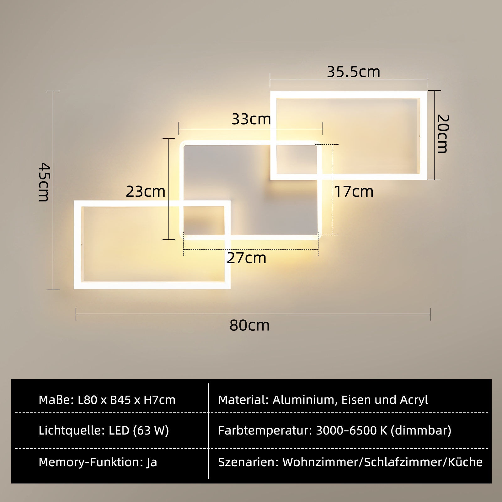 Una moderna plafoniera a LED con forme rettangolari e quadrate sovrapposte, con dimensioni e specifiche tecniche.