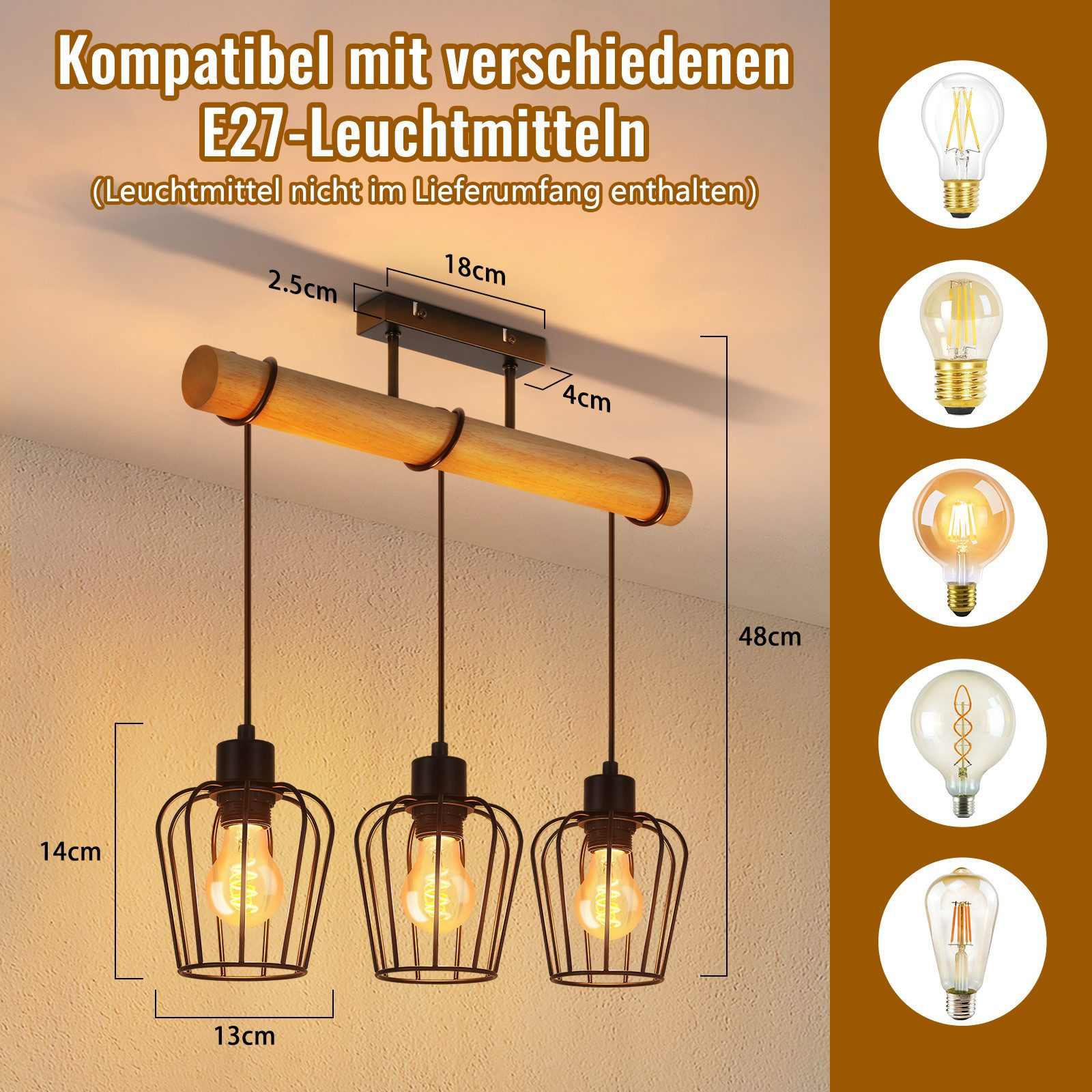 Una lampada moderna con tre luci a sospensione. La lampada presenta una trave in legno e gabbie in metallo nero.