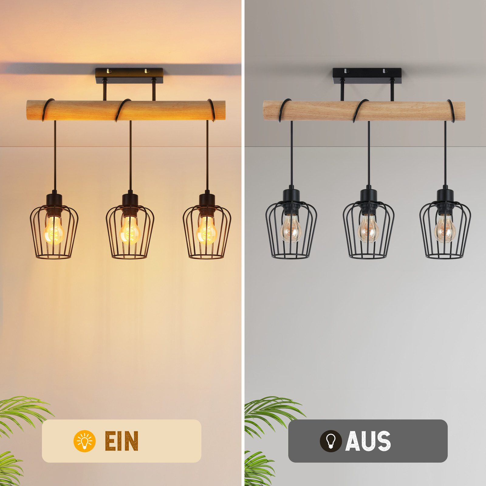 Una lampada moderna con tre luci a sospensione. Ognuna ha un paralume nero a forma di gabbia con una lampadina visibile. Una trave di legno sostiene le luci.