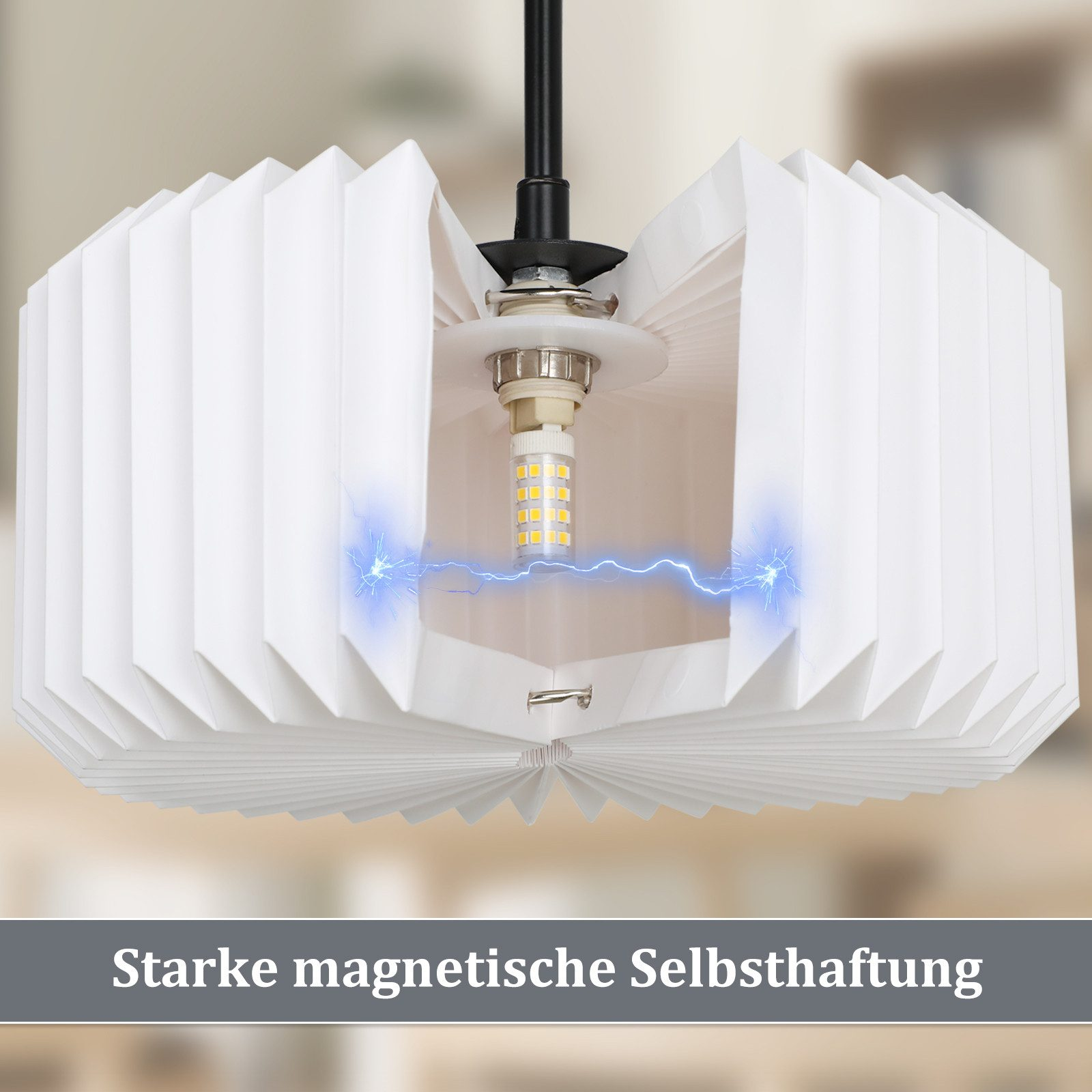 Paralume bianco plissettato con lampadina LED centrale. Scintille blu all'interno. Il testo in basso dice 'Starke magnetische Selbsthaftung'.