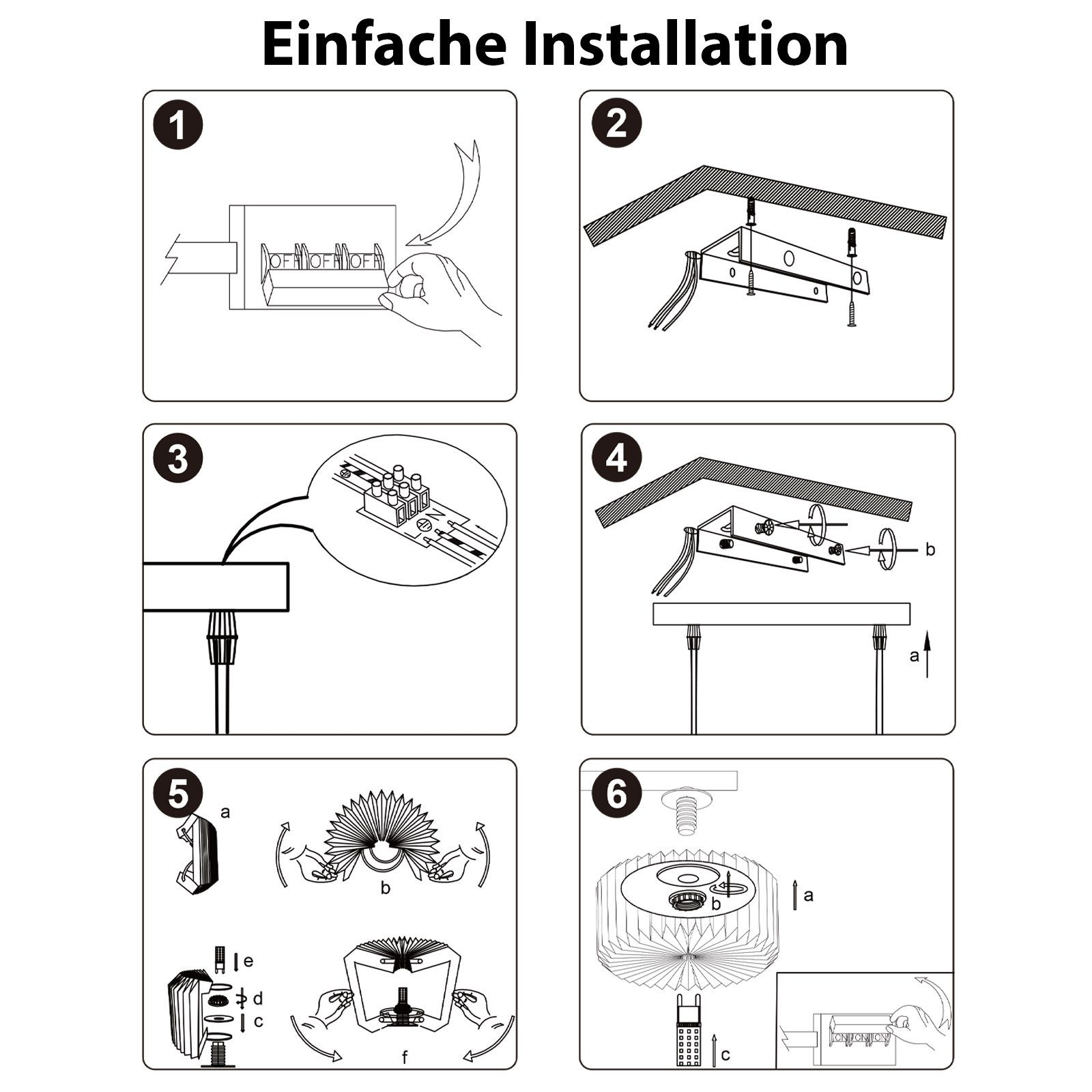 Schema di istruzioni che mostra i passaggi per l'installazione di un apparecchio di illuminazione. Include passaggi numerati con diagrammi ed etichette.