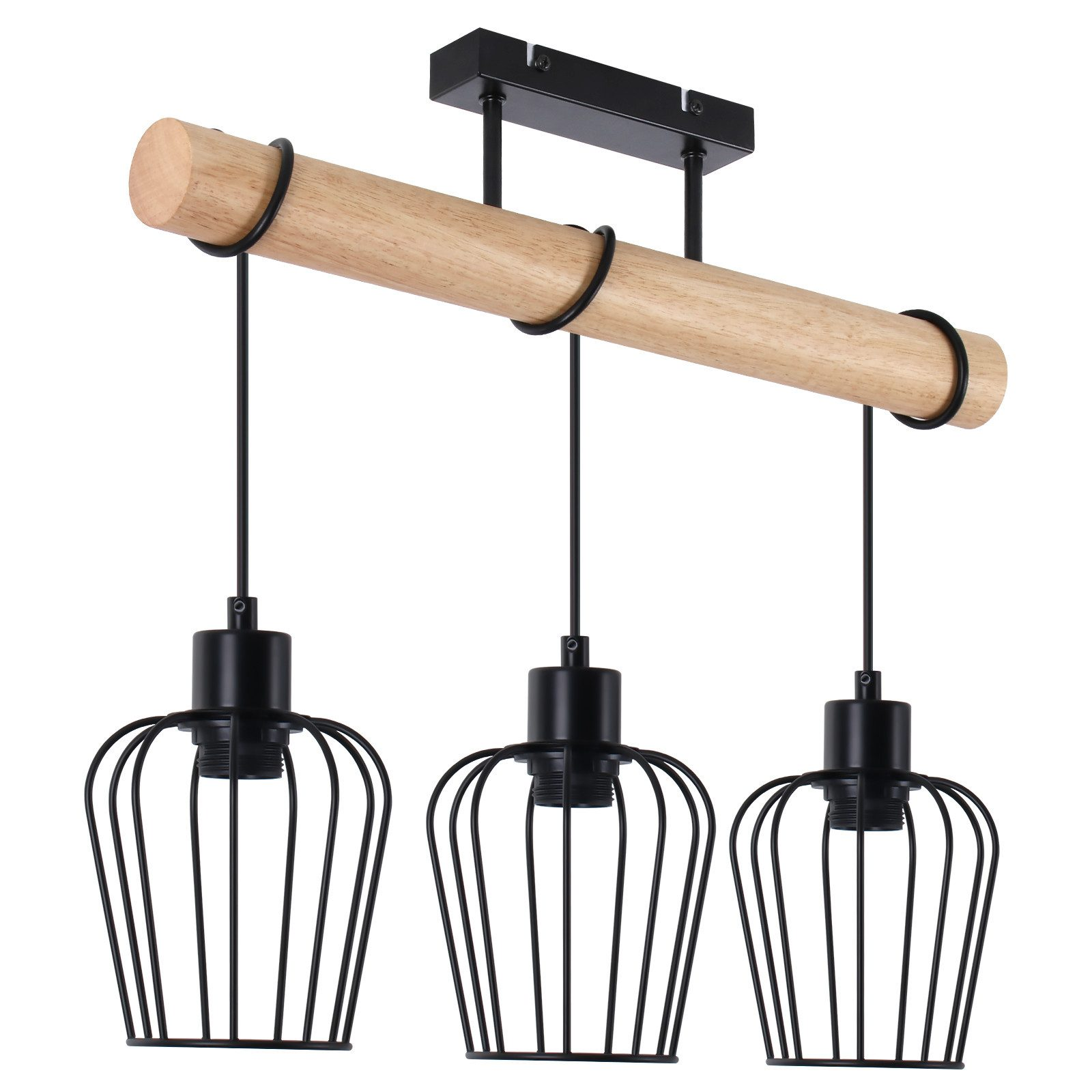 Un lampadario a sospensione con tre luci nere a gabbia appese a una trave di legno.